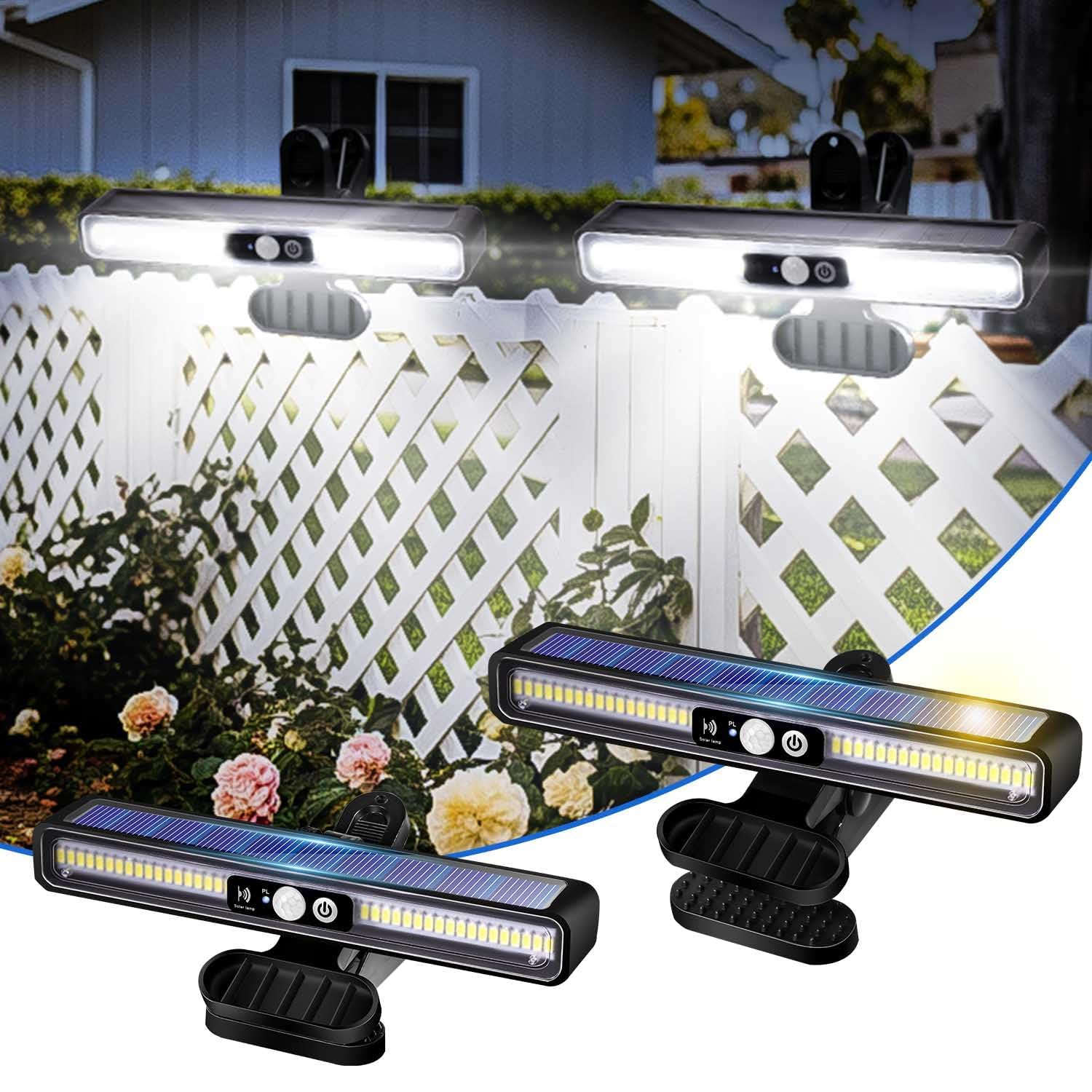 SUNOHE Clip on Solar Motion Sensor Lights Outdoor Waterproof with 36 LEDs  6000K  2 Pack Solar Powered Fence Lights for Outside Chain Link Fence Garage Gutter Camping (Cool White)