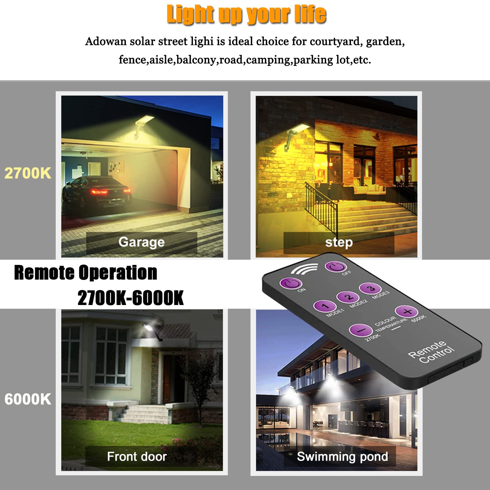 Adowan Led Solar Outdoor Lights, Motion Sensor, 3 Modes, Waterproof, 2 Pack - Security Flood Lights