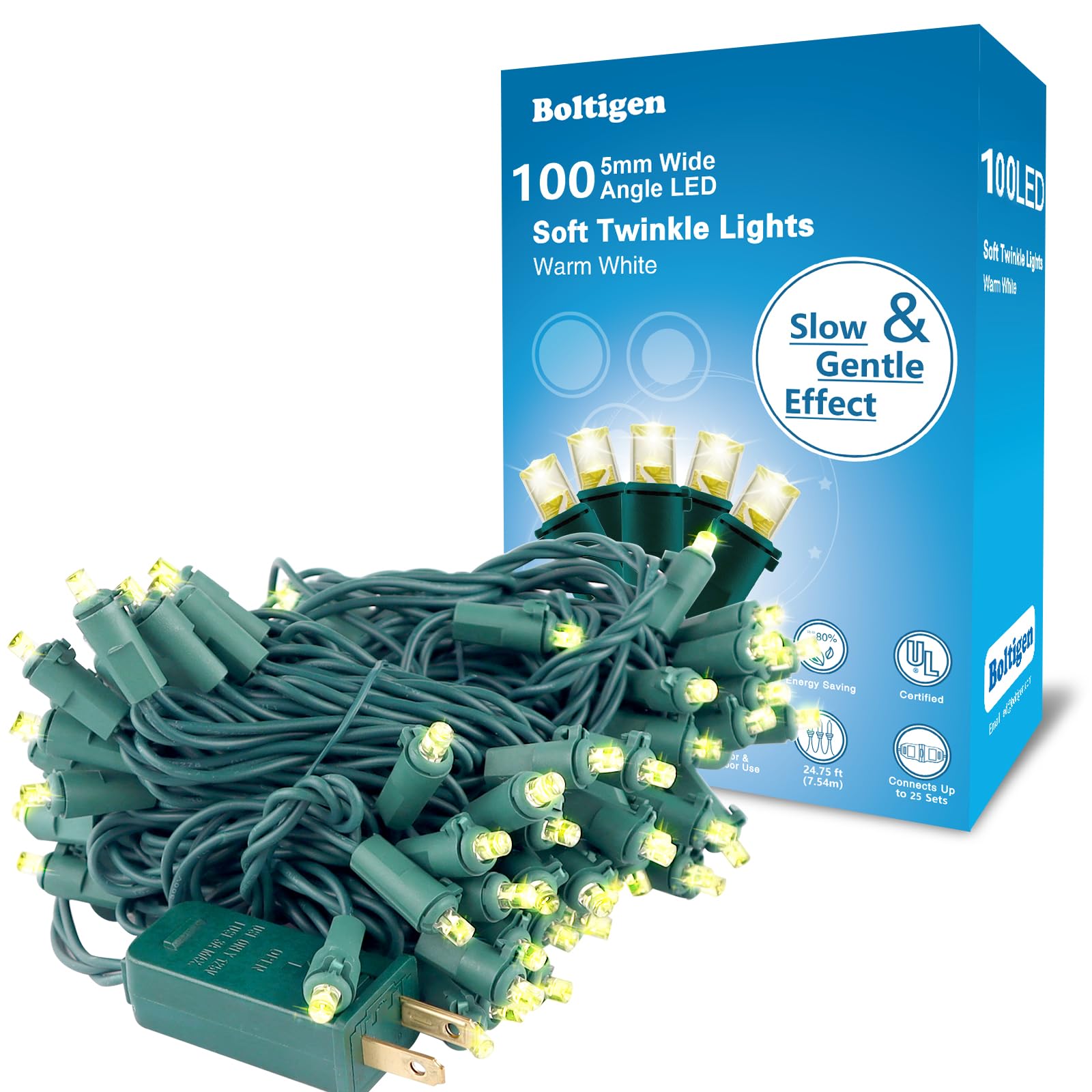 Boltigen Soft Twinkle Lights, 100LED Slow Twinkling, 5mm Wide Angle Christmas Lights, UL Certified 27 Ft Extendable for Home Gar