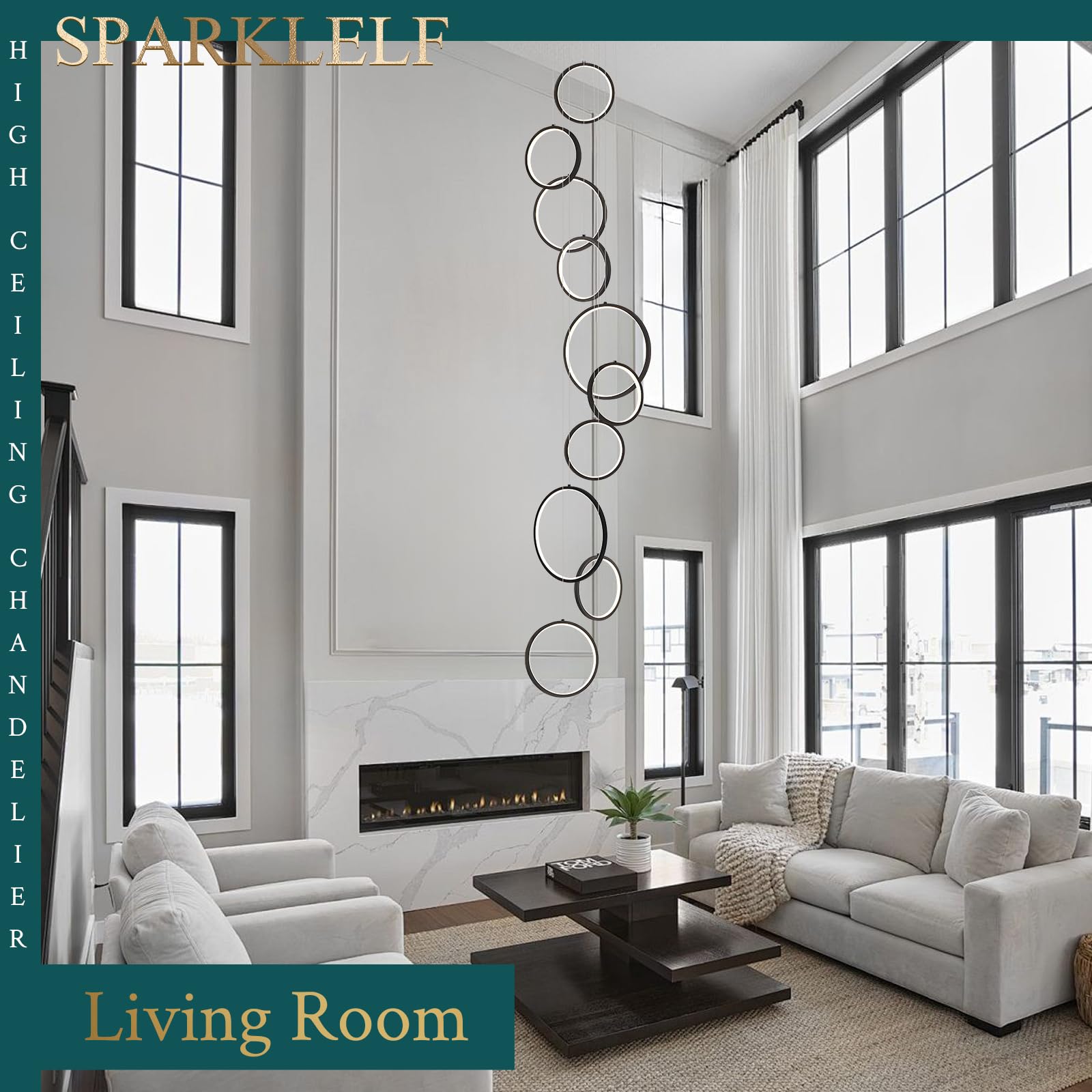 Sparklelf 10-Light Modern LED Chandelier, Dimmable Black Pendant Light for High Ceilings, Model SE-P66-10BDC1