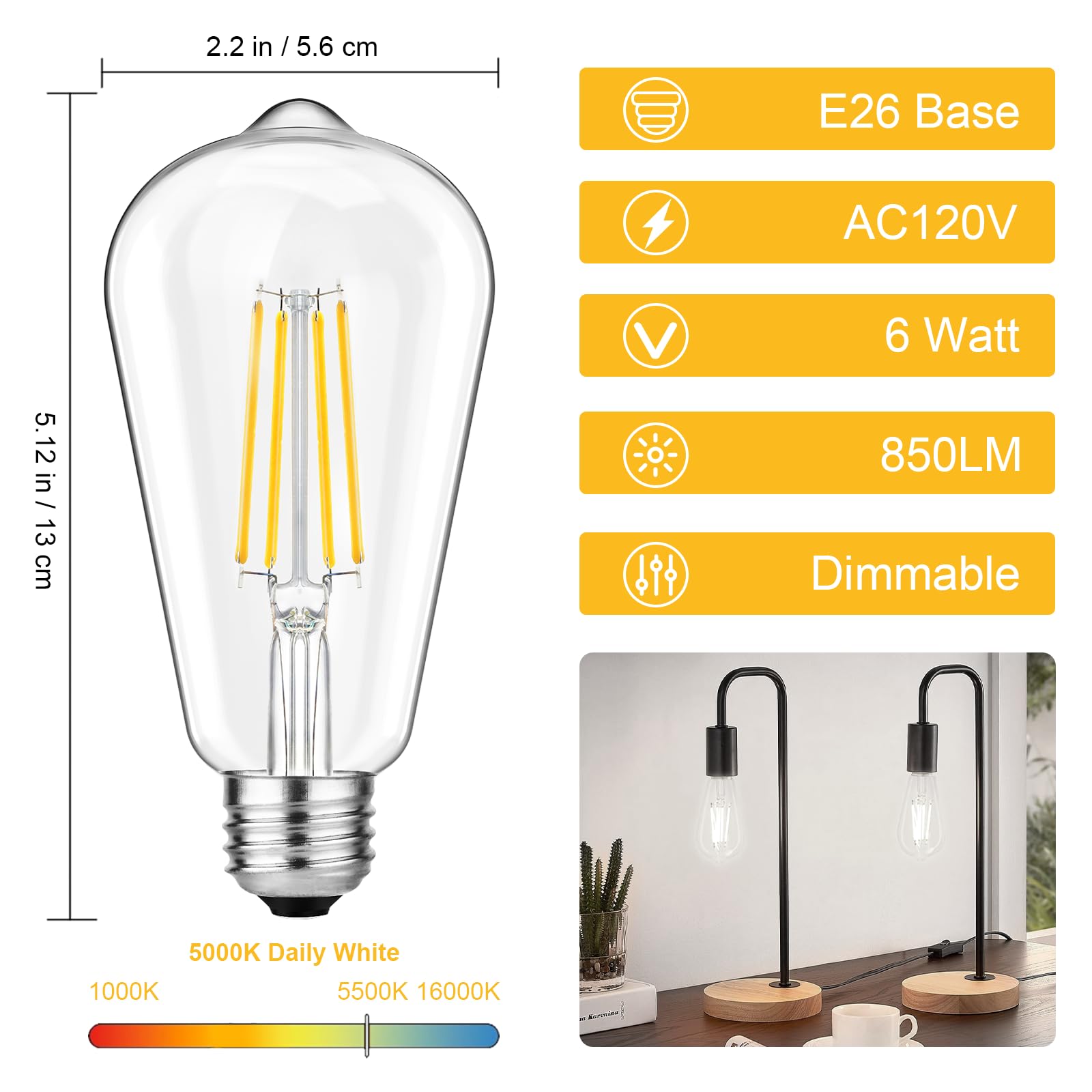 Svater Vintage Led Edison Bulbs 6W Equivalent 60W, Dimmable, Daylight 5000K, 850 Lumens St58 Antique Led Filament Bulbs With 85+