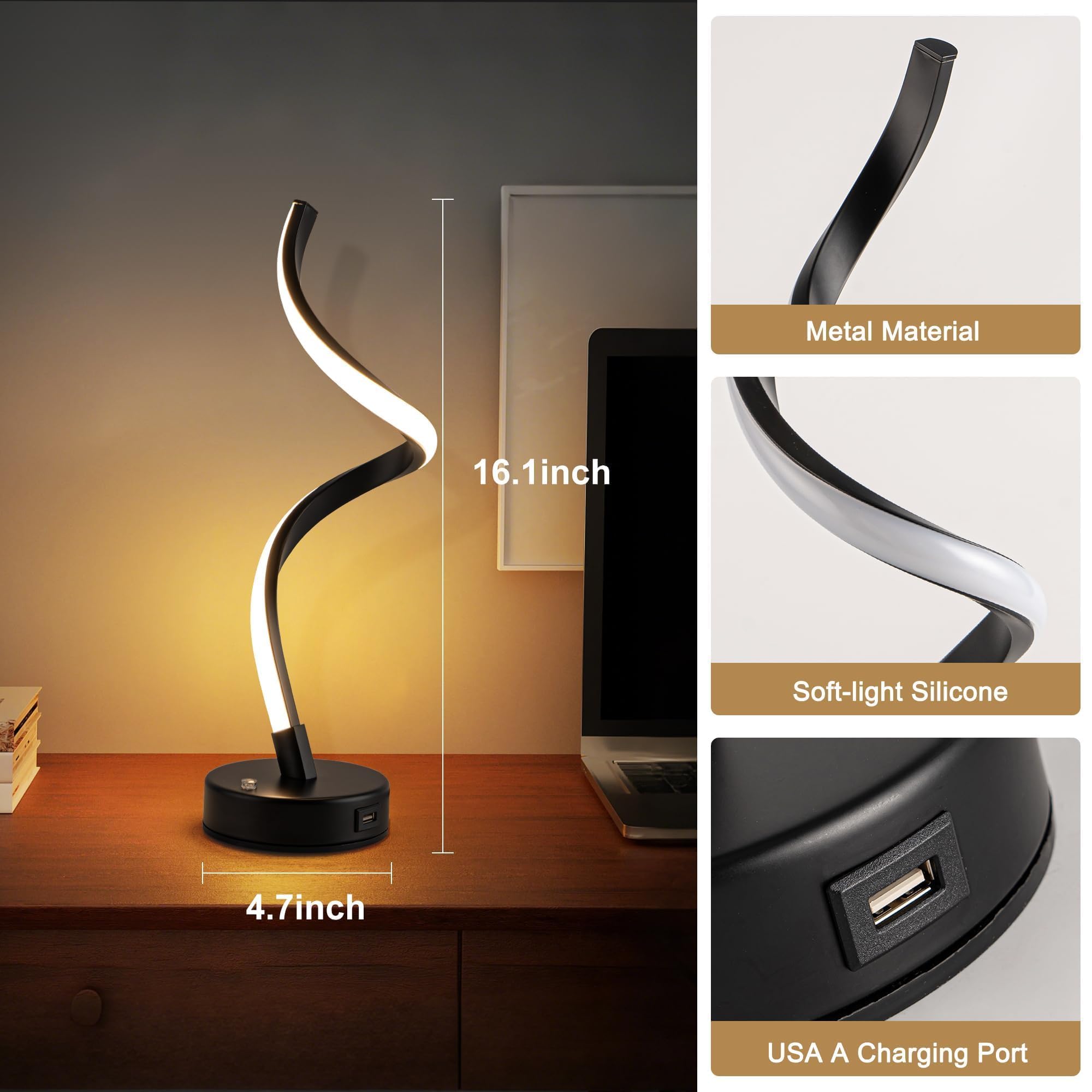 Adebime Spiral Led Touch Lamp - Adjustable Brightness Table Light For Bedroom, Living Room & Office, 3000K Warm White, Black