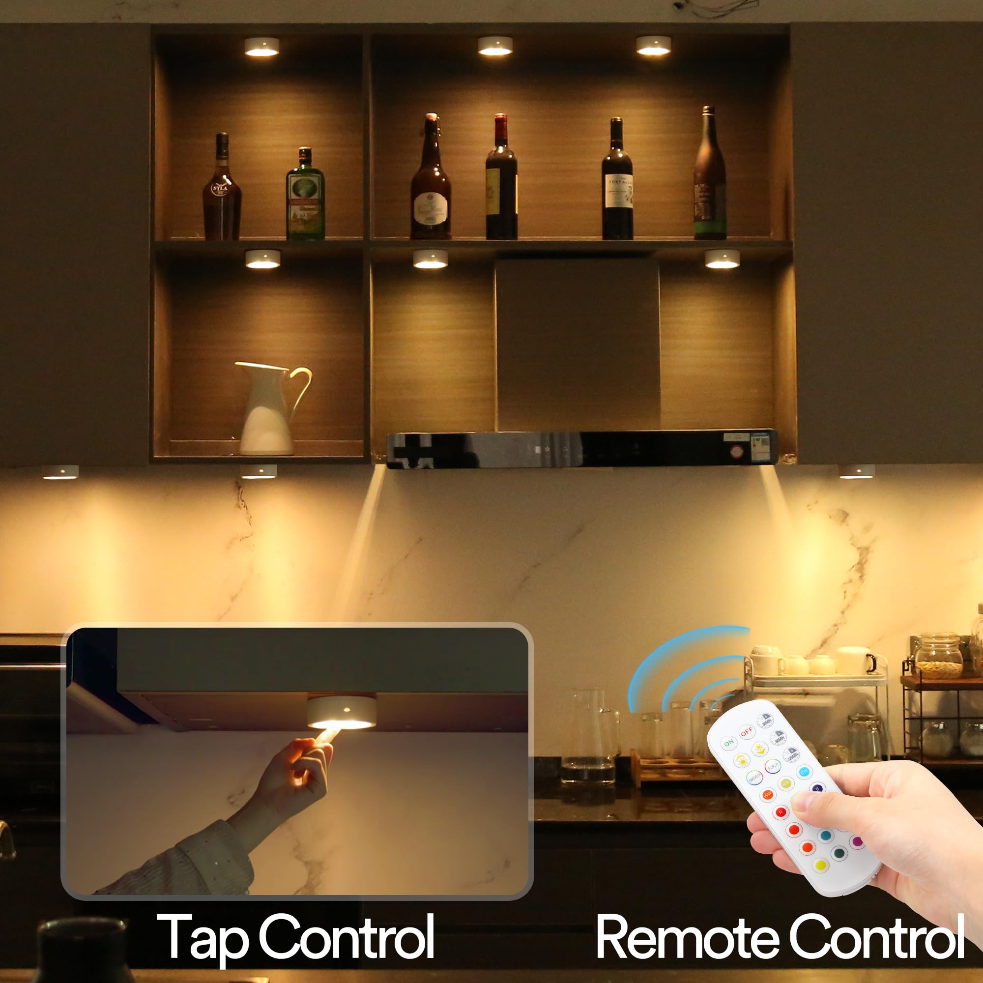 TECOMLIGHT Puck Lights - Wireless LED Under Cabinet Lights, Battery Operated, RGB & Warm White, 5 Pack, White, Model T048