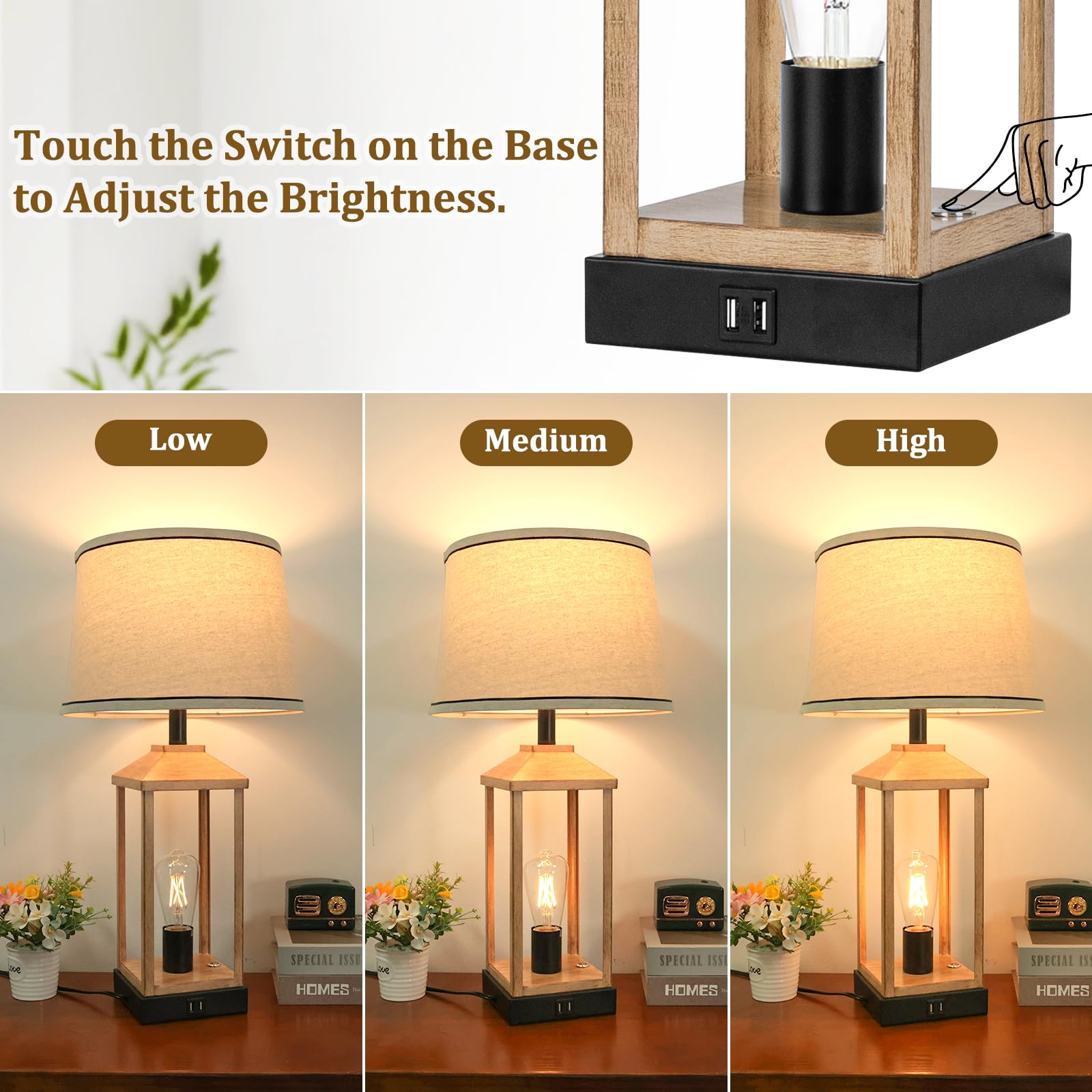 28'' Farmhouse Table Lamp With 2 Light, 3-Way Dimmable Modern Touch Control Nightstand Lamp With Usb Ports For Living Room, Bedr