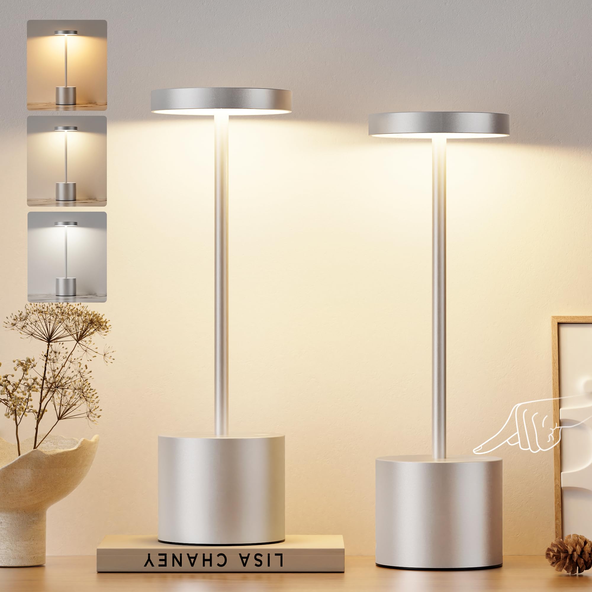 Kakanuo Silver Gray Cordless Lamp, Rechargeable Lamp, Touch Control, 3 Color Temperature, LED Outdoor Wireless Lamp, Battery Ope