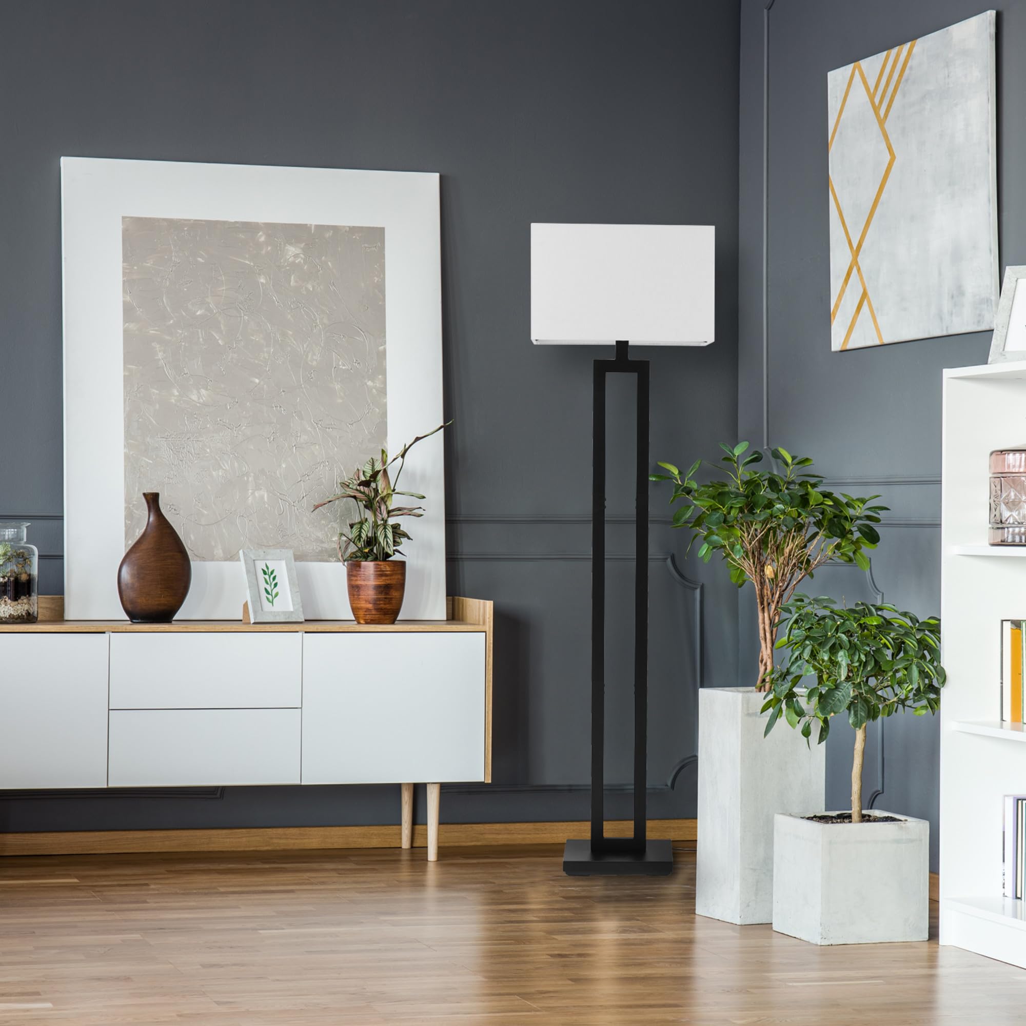 Globe Electric 67046 58'' Floor Lamp, Matte Black, White Linen Shade, On/Off Socket Rotary Switch, Standing, Living Room Decor,