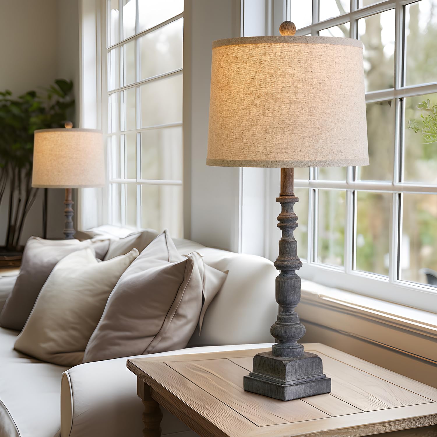 Oneach Vintage Farmhouse Table Lamps Set of 2, USB A+C Ports, Antique Grey, Mid Century Style, Model AMZ-T336USB-ANG