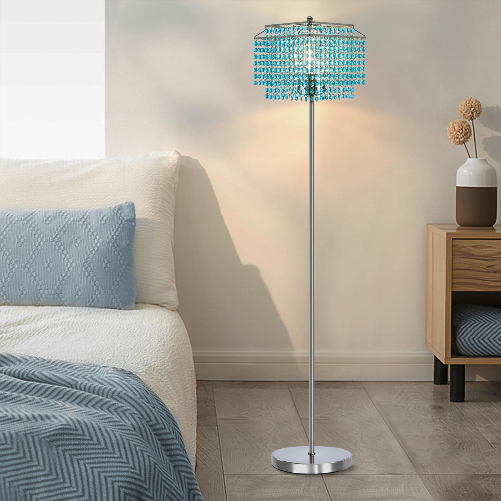 Luvkczc Crystal Floor Lamp Blue, 64'' Tall Elegant Standing Lamp with On-Off Foot Switch, Double-Layer Lampshade, Light Blue Sta