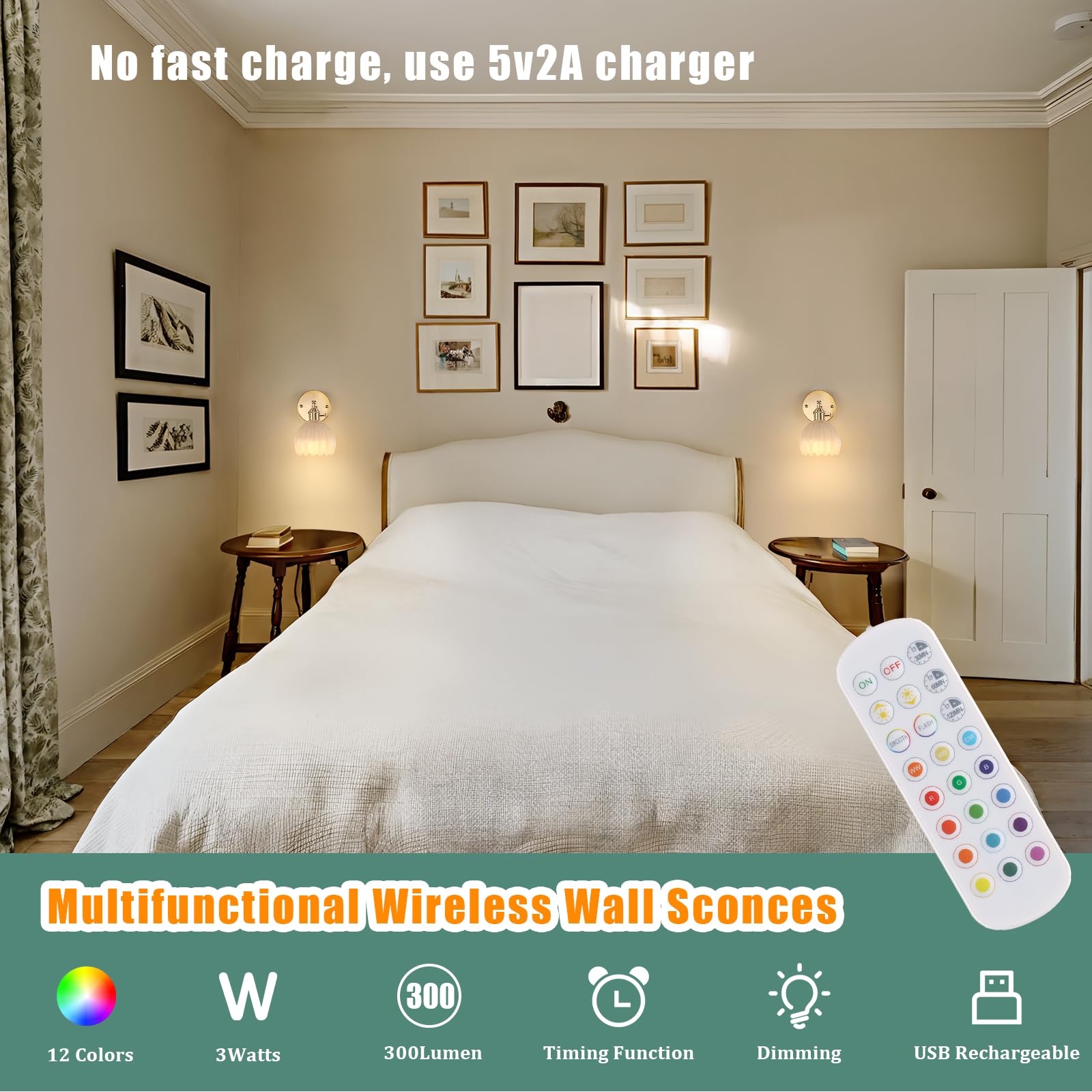 Shenmoyl Vintage Wall Sconce Set of 2 - 5000mAh Battery Operated Light with Cream Glass Lampshade and Remote Control