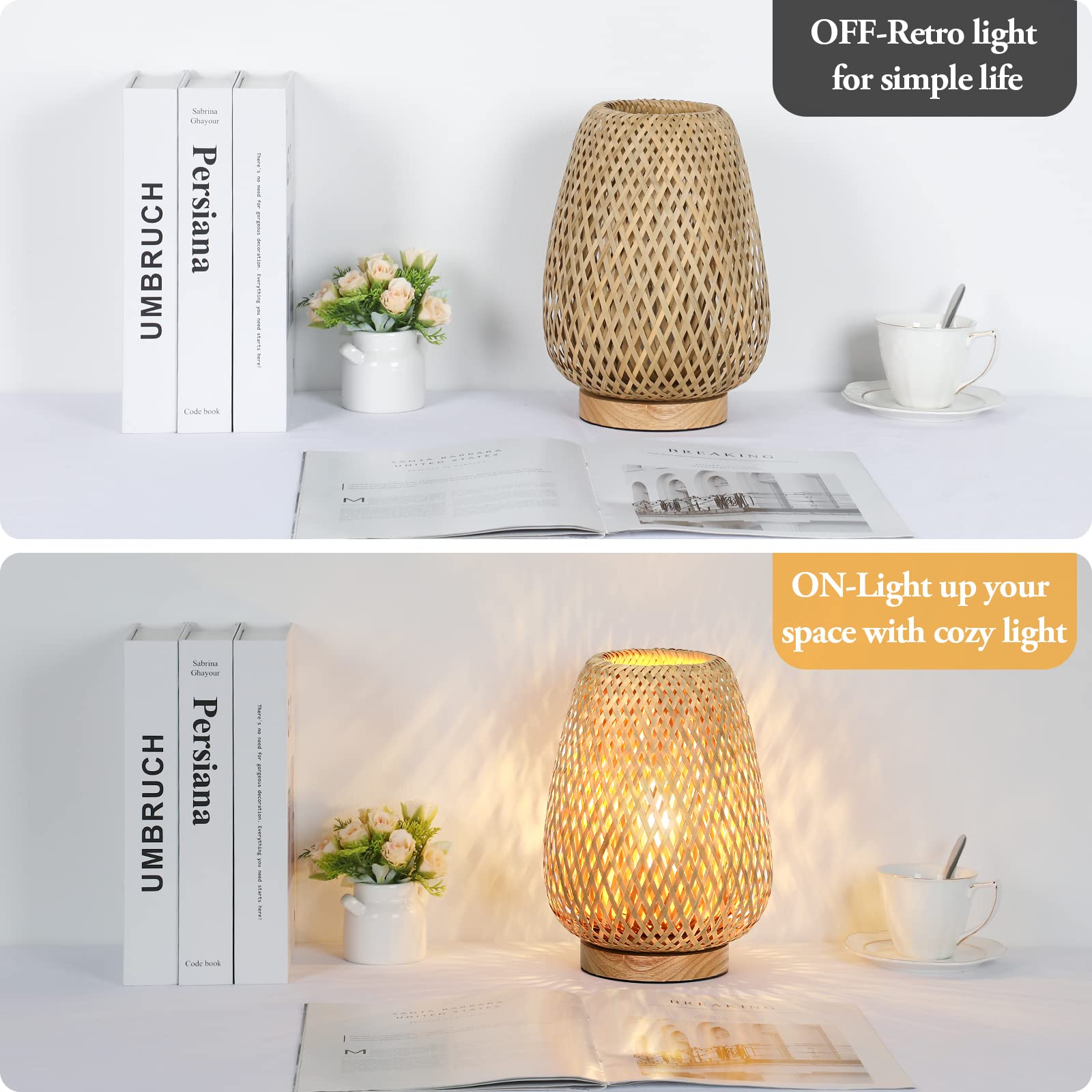 Brightever Rattan Table Lamp, Stepless Dimmable, Small, Wooden, Yellow, Model T1002-1, Perfect for Bedroom and Living Room