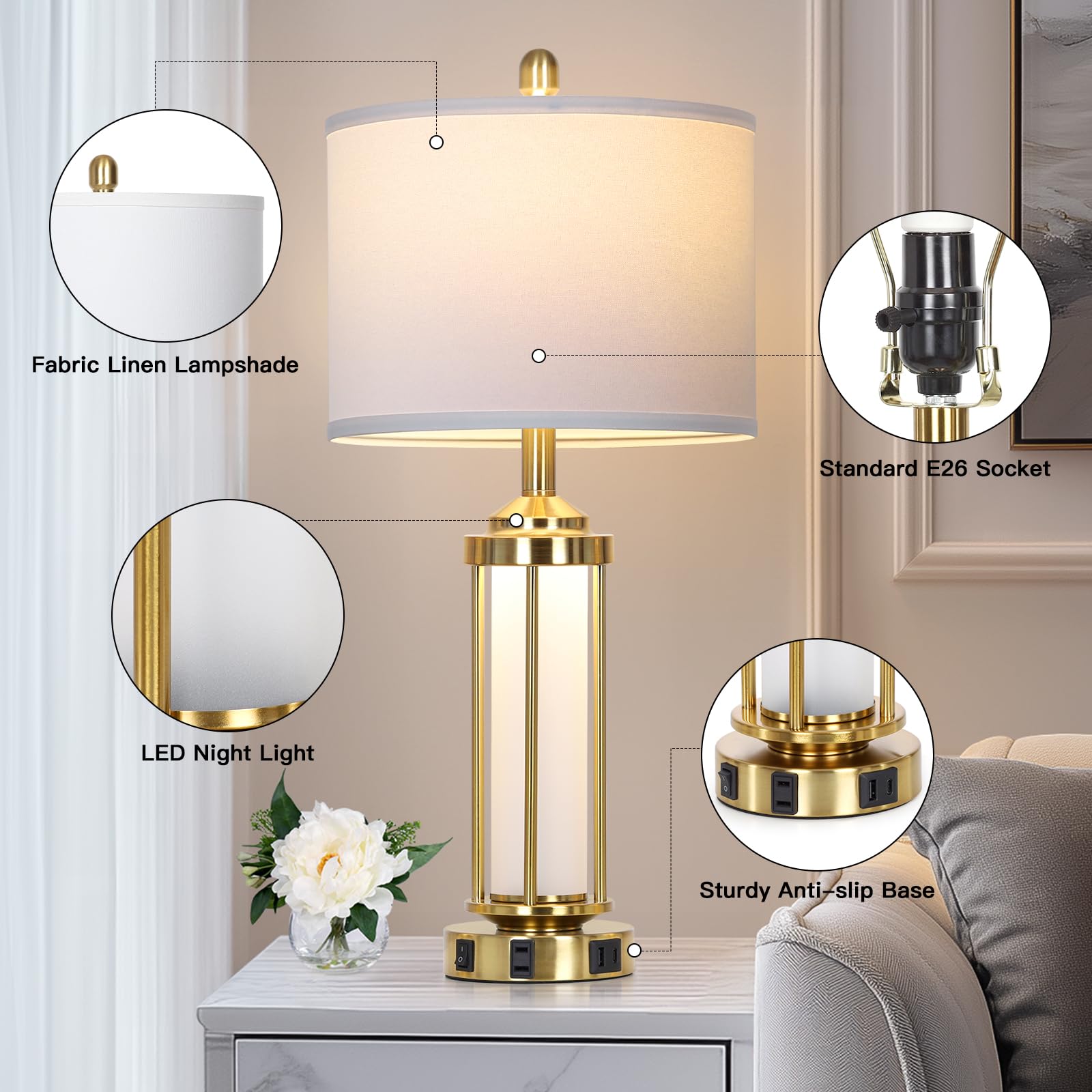 Rinweey Modern Table Lamps, Gold 27'' Industrial Table Lamp Set Of 2 With Usb A+C Charging Ports & Ac Outlet, Farmhouse Rustic B