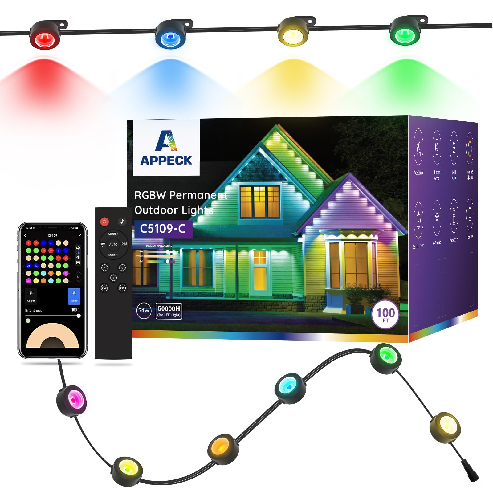 APPECK Outdoor String Lights 100ft, 72 LEDs, Smart RGBW, Waterproof, Black, Model C5109-C-1
