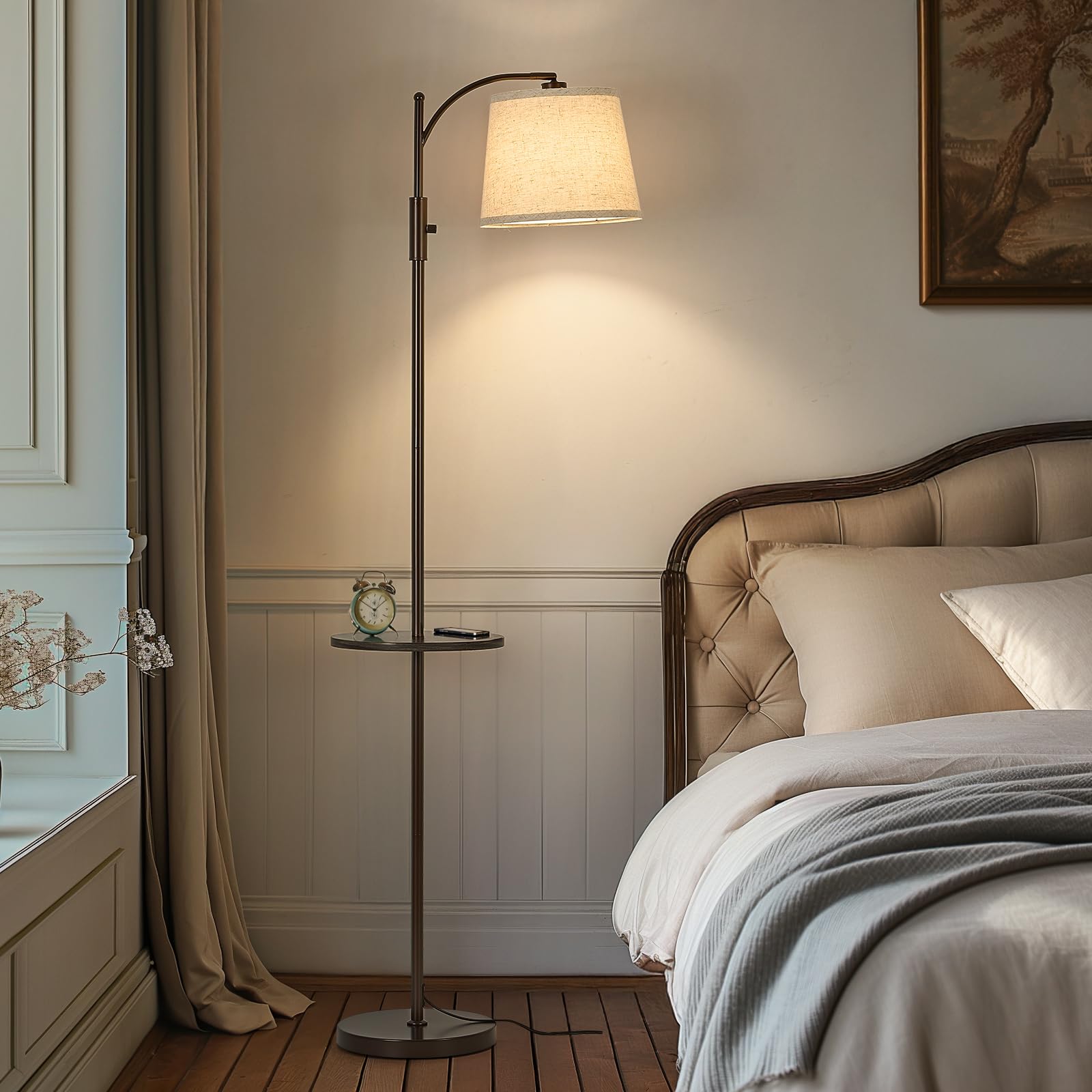 AIDENOEY Fully Dimmable Floor Lamp - Brown Standing Lamp with Rotary Switch & Linen Beige Shade, Model HYZC 0202, Includes 9W LED Bulb