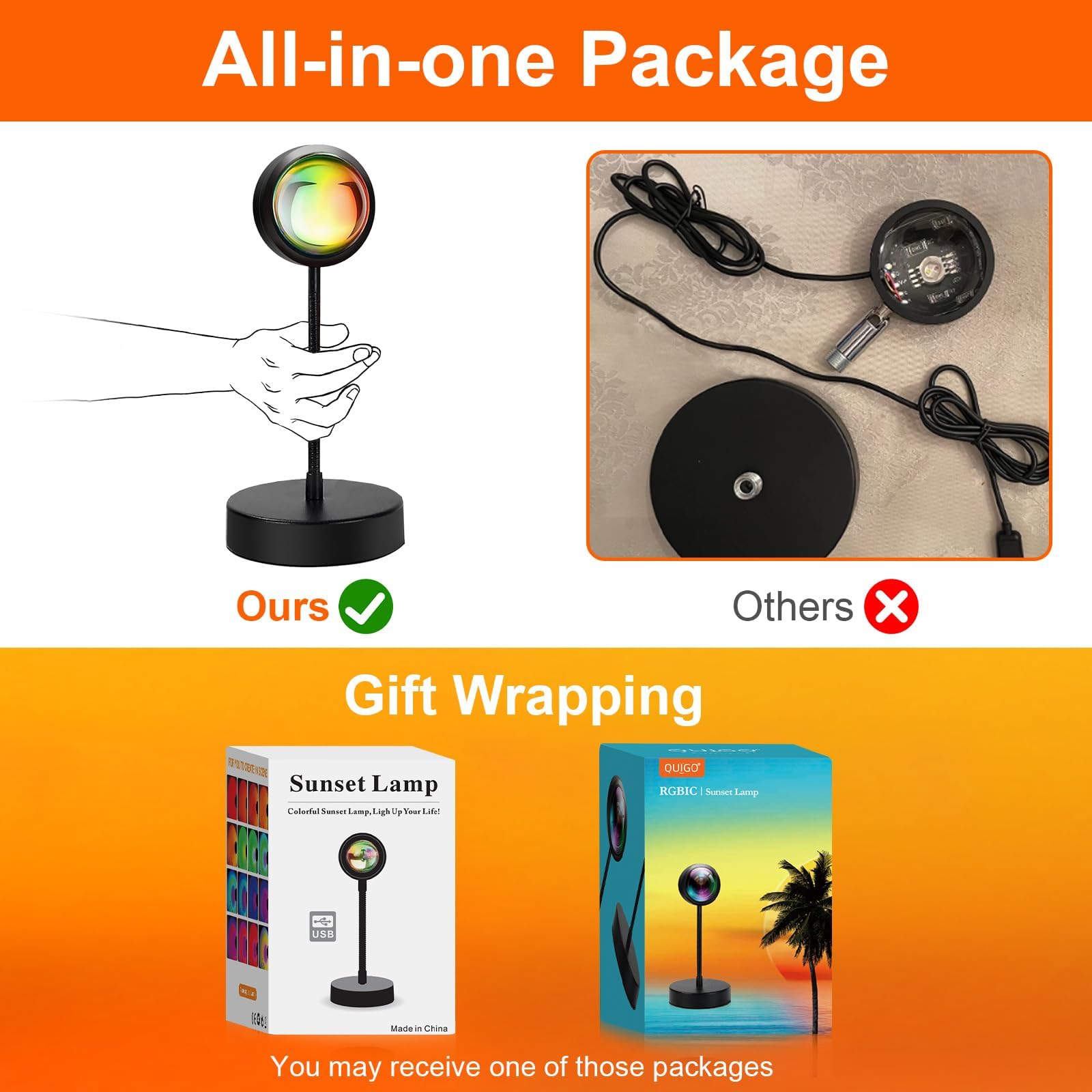 QUIGO Sunset Lamp Projector - RGB 360° Rotation Night Light, Aluminum, Countertop Size, Multi-Color, Model SUNLAMP-P