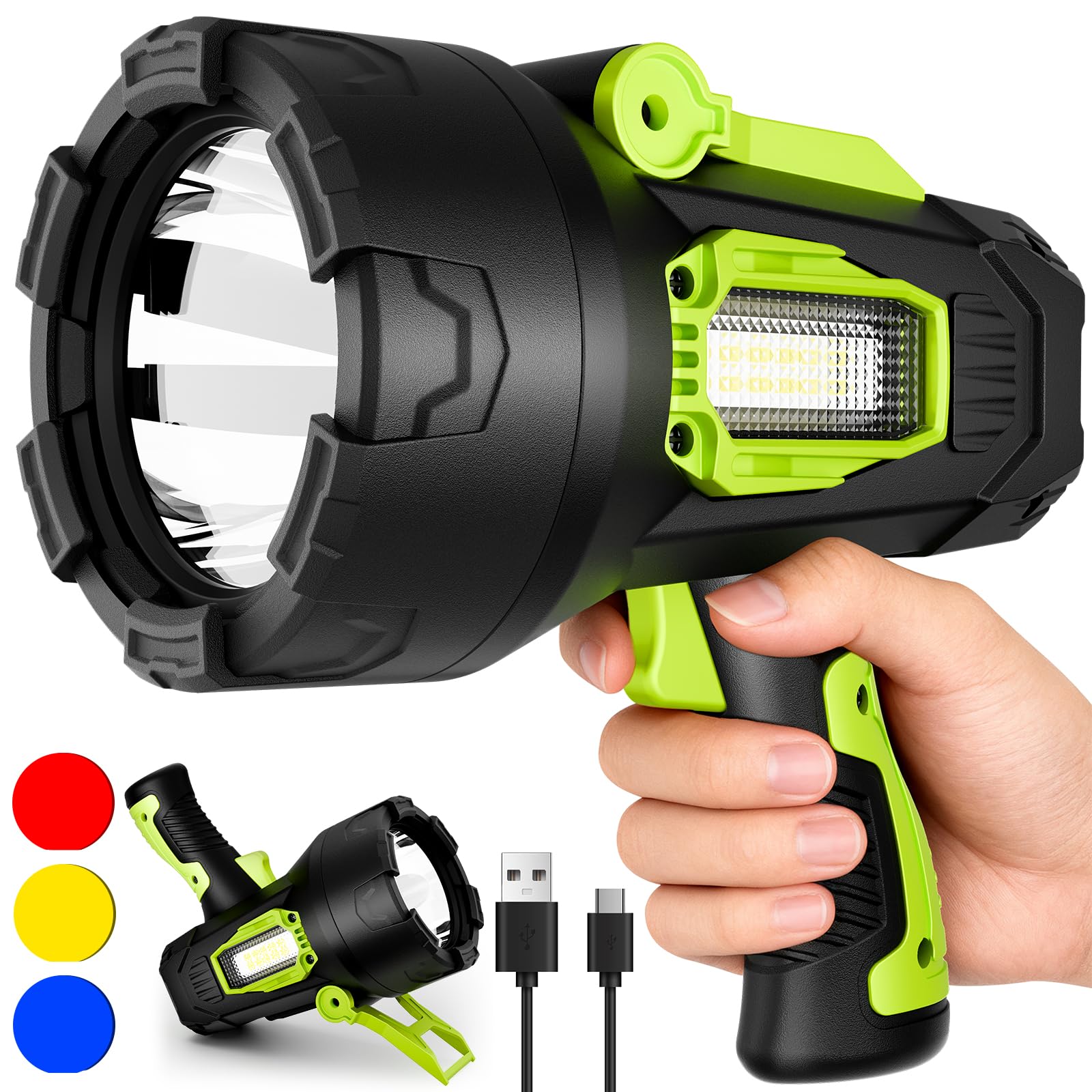 Rechargeable Spotlight 99 000 Lumens Super Bright LED SpotLights Flashlight  10000?Ah Spot Lights Long Runtime Waterproof  Spot Light Outdoor Handheld with Cob Light & Foldable Tripod for Camping