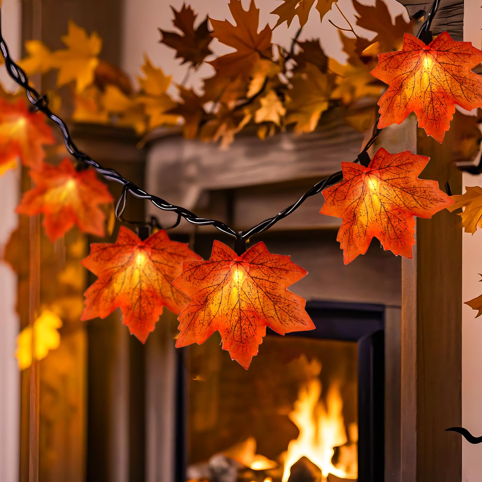 Doratale Thanksgiving Orange Maple Leaf Lights  13.6Ft Orange Fall Leaves String Lights  Waterproof Connectable Outdoor Patio String Lights For Indoor Home Outdoor Fall Decor Halloween Decorations