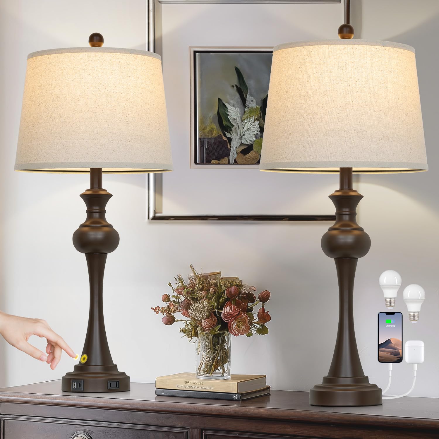 CINSARY 29 Brown Table Lamps Set of 2  Tall Bedside Lamps with USB C+A Ports  3-Way Dimmable Touch Table Lamp  Nightstand Lamps for Bedroom Modern Brown Lamps with Beige Lampshade  Bulbs Included
