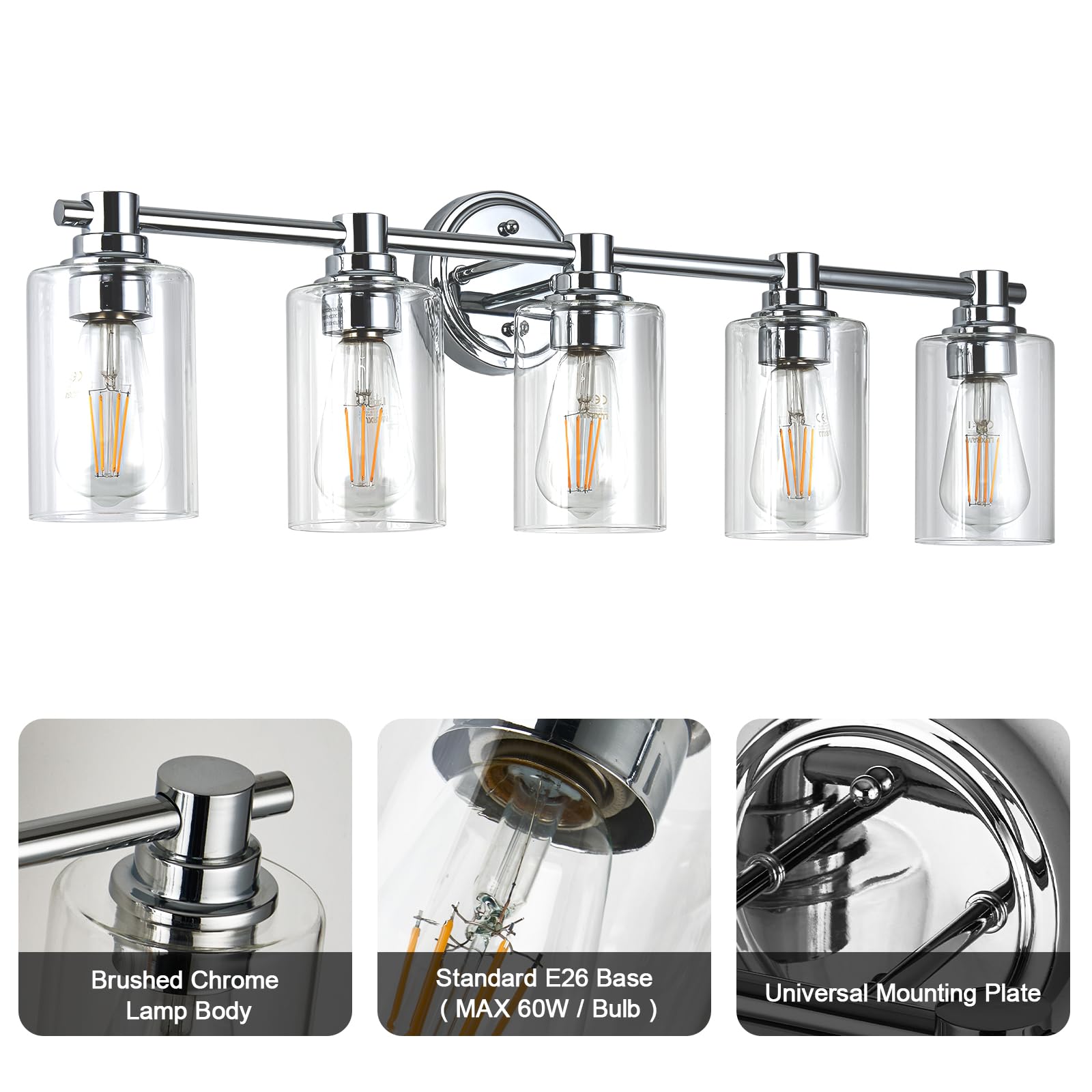 Alaislyc Bathroom Light Fixtures Wall Sconce Light With Clear Glass Chrome 5 Lights Bathroom Lighting Over Mirror Vanity Lights For Living Room,Bedroom,Restroom,Hallway E26 Base