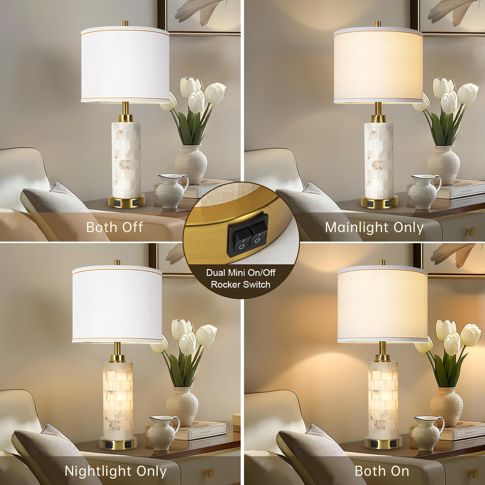 Rustic Natural Alabaster Table Lamp Set Of 2 With Night Light For Living Room Nightstand Table Lamp With 2 Usb Ports For Bedroom
