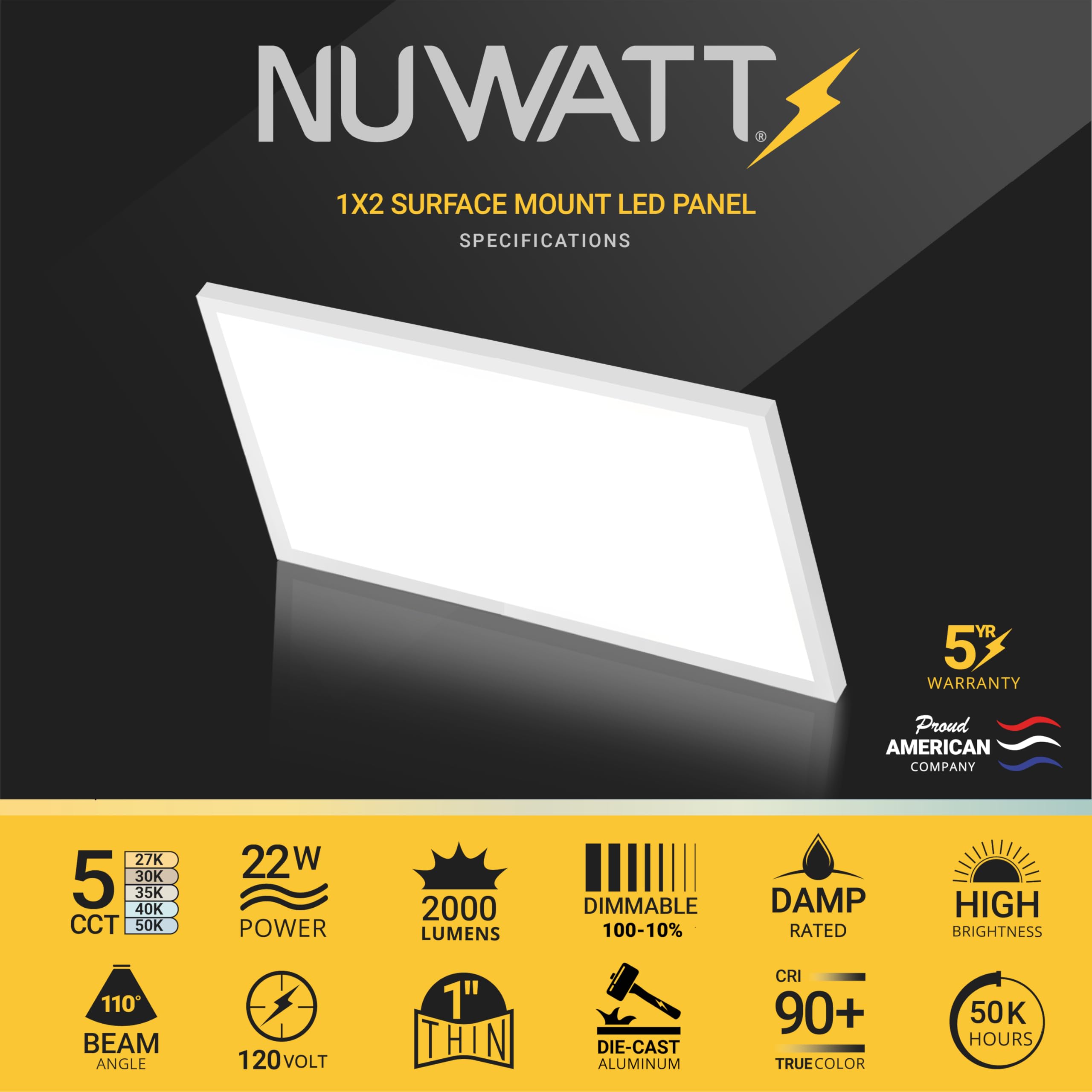 Nuwatt 1X2 Ft Led Surface Mount Panel, 5Cct 2700K/3000K/3500K/4000K/5000K Selectable, 2000Lm, 22W, Internal Driver, Dimmable, 12