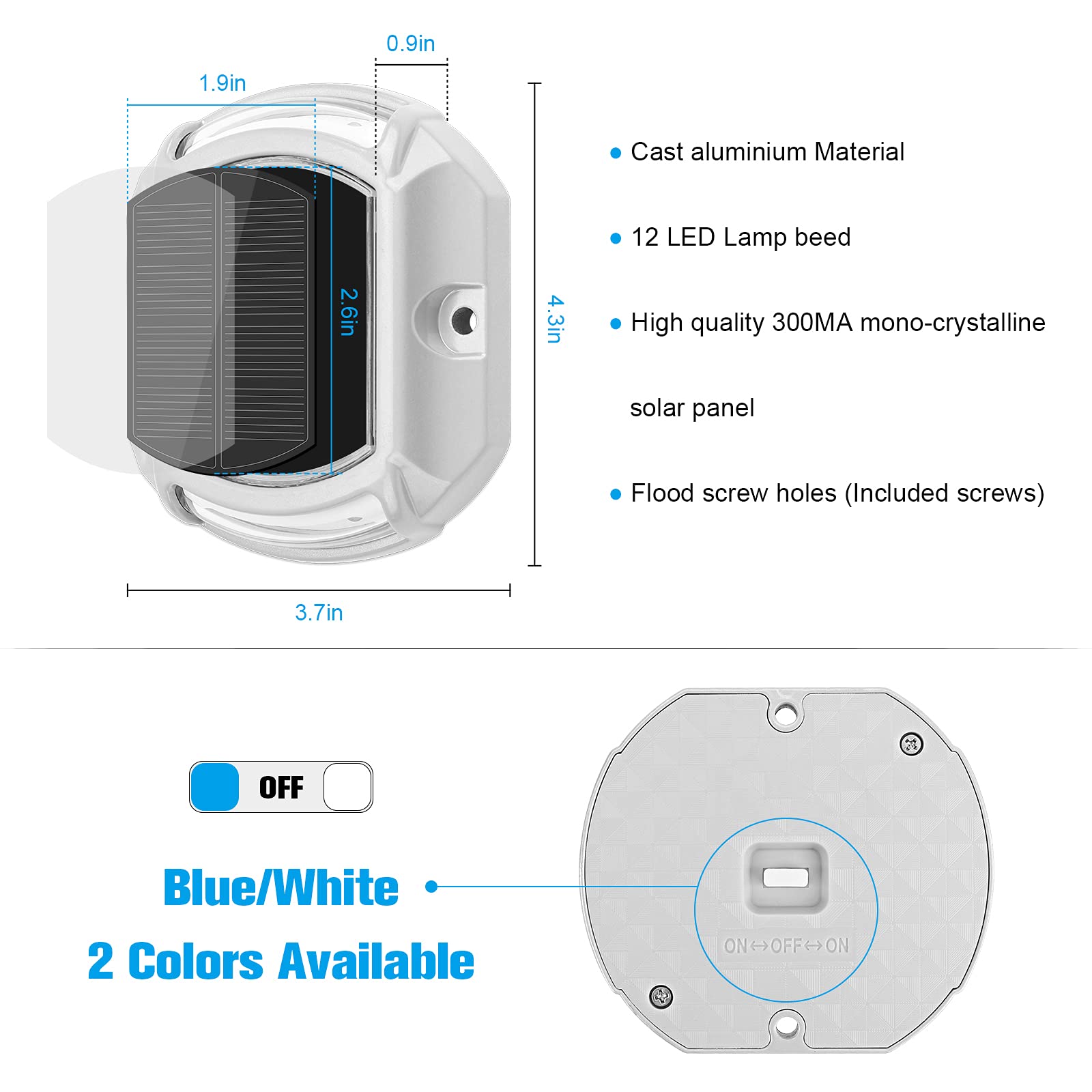 VOLISUN Solar Driveway Lights 16-Pack, LED Waterproof Outdoor Step Lights, White/Blue, Model 21293ZM