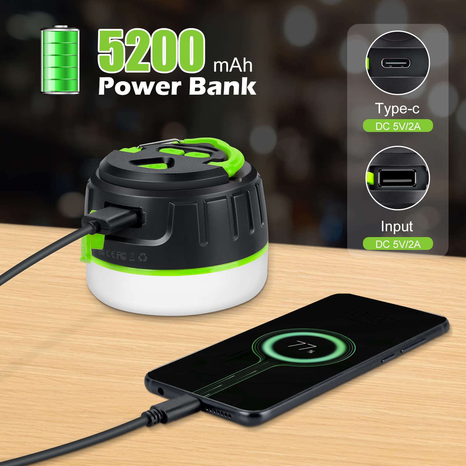 Sinvitron LED Camping Lantern, 1000LM Rechargeable, 150H Battery Life, 5 Light Modes, Waterproof, Black&Green, Model C5-P