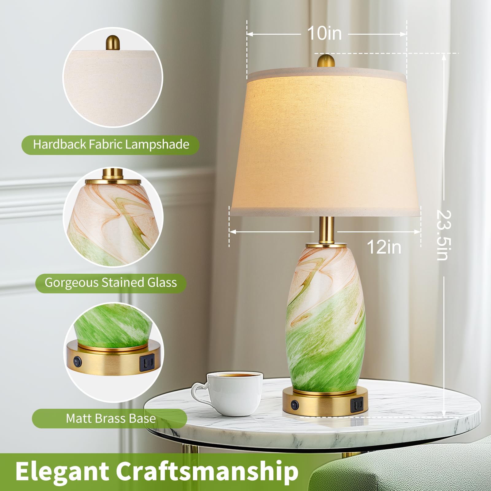 Lovlast Green Lamps Set Of 2 For Bedroom & Bedside With 3-Way Lighting Modes & Usb C+A - Modern Style Glass Nightstand Table Lam