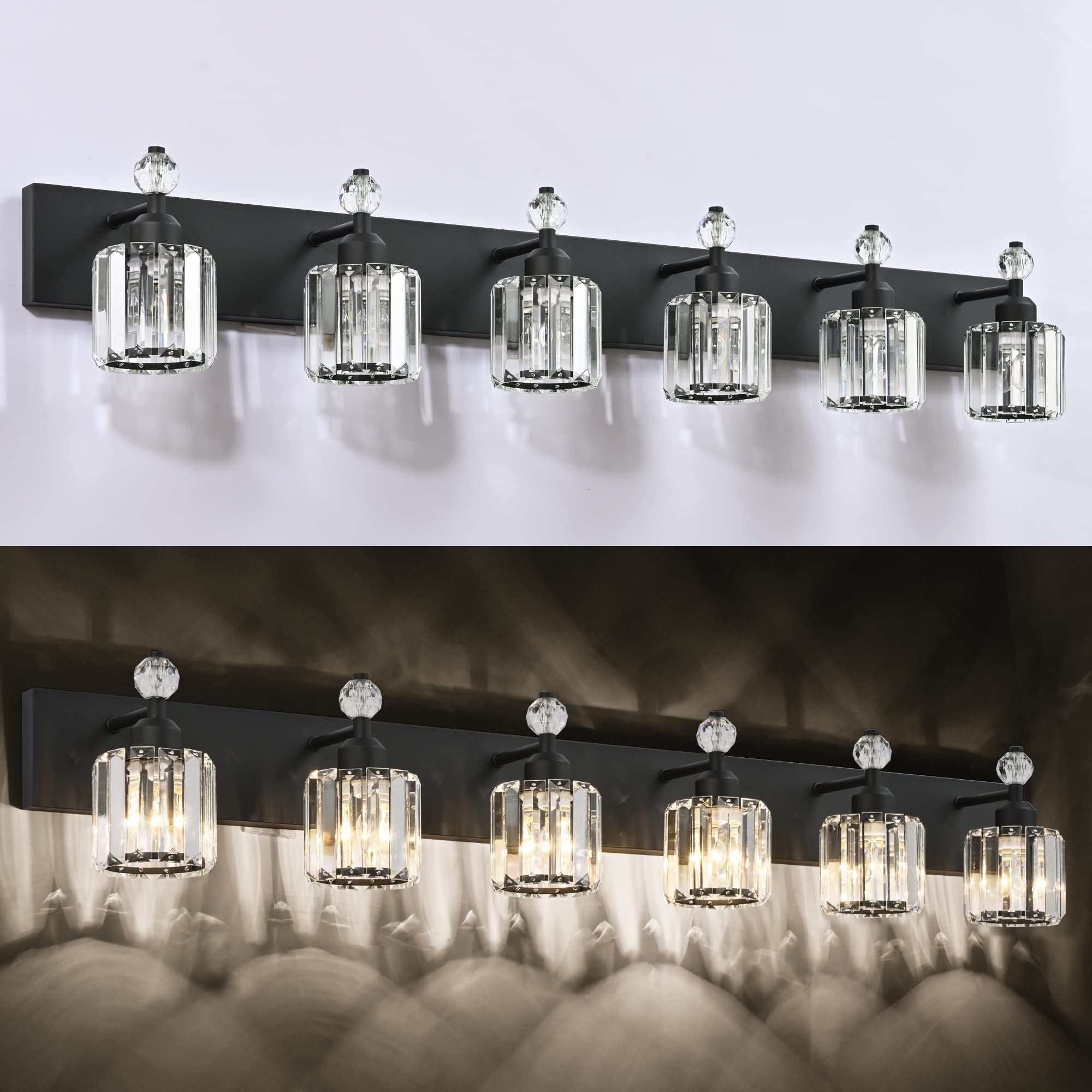 PRESDE Vanity Light Fixtures, 6-Light Modern Crystal, Matte Black Metal, Bathroom Wall Light Over Mirror