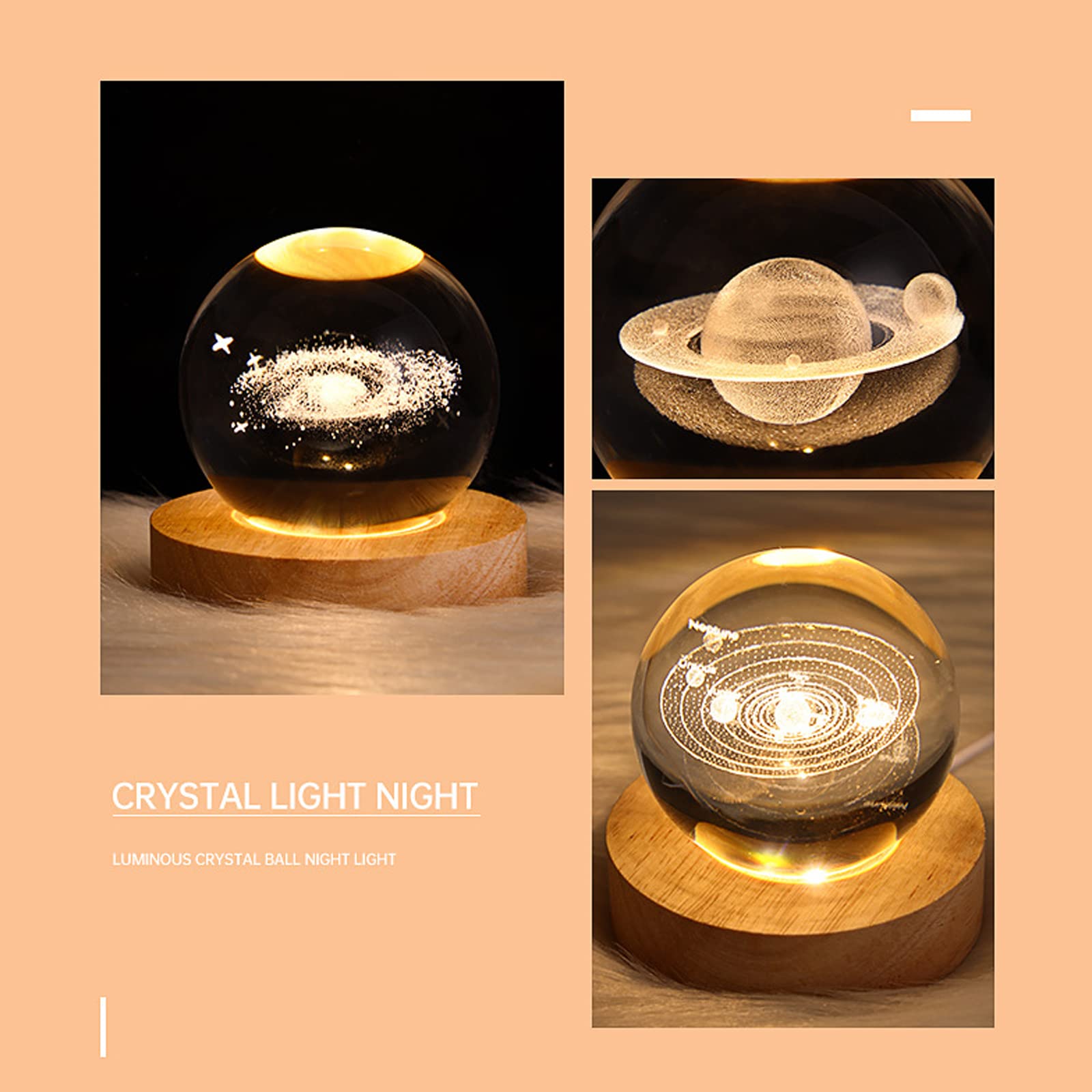 Hfehskj 3D Galaxy Crystal Ball Night Light, Led Solar System Crystal Ball Night Light With Wooden Base, Moon Planet Crystal Ball Lamp For Boys Girls Family Friend(Moon)
