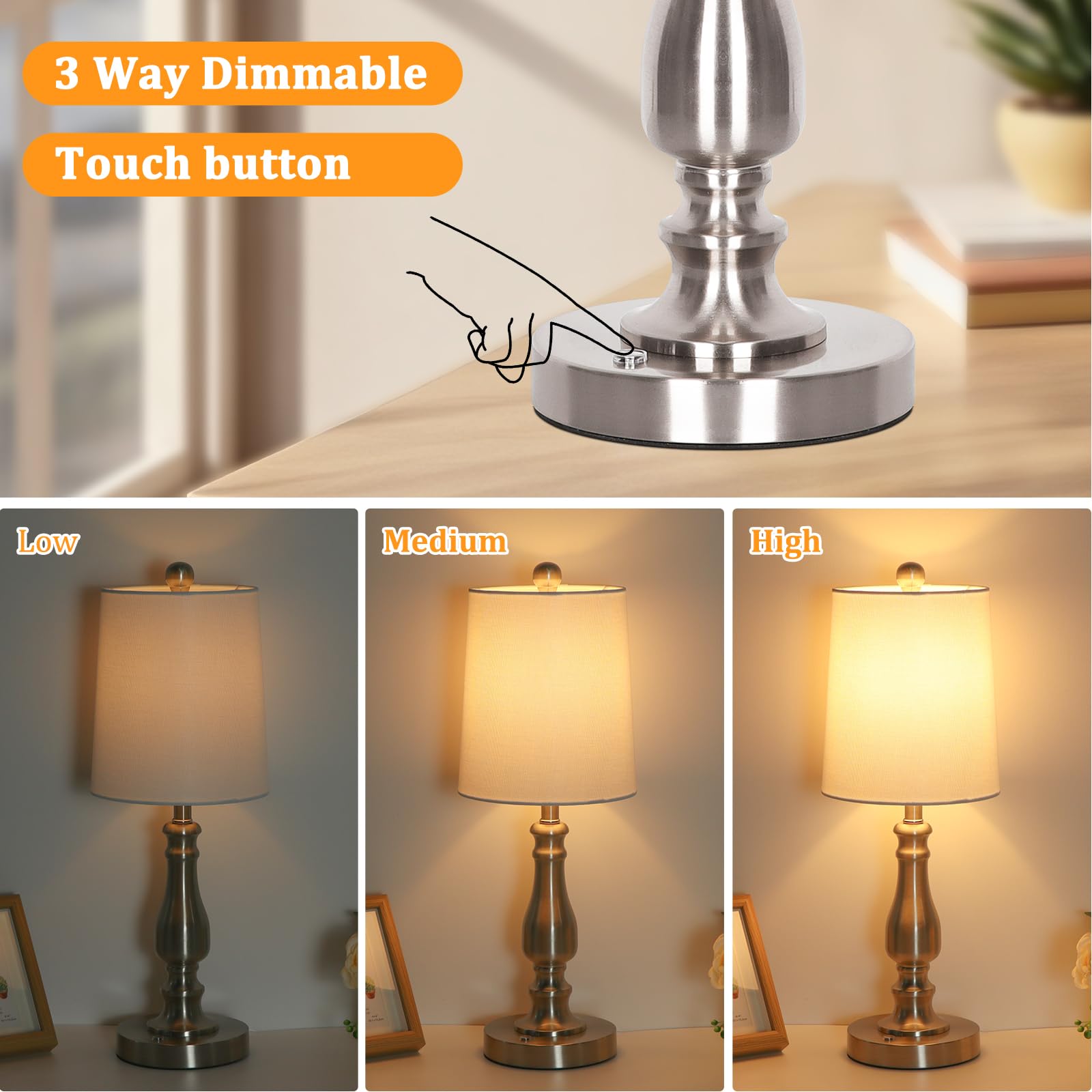 Dott Arts Cordless Table Lamp Set of 2, 3-Way Dimmable, Nickel, Battery Powered, Modern Design, Model BTL4W-019