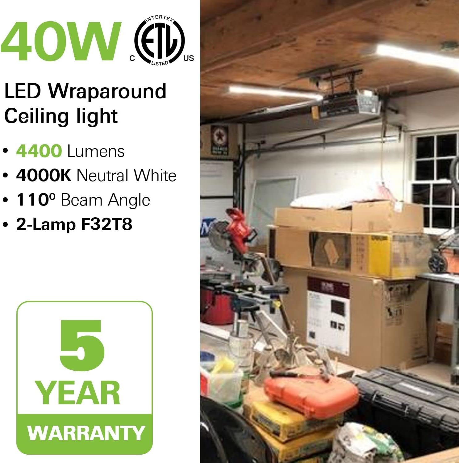Hykolity 4 Pack 4Ft Led Wraparound Light 40W 4 Foot Shop Lights For Garage, [2-Lamp 32W Fluorescent Equiv.] 4400Lm 4000K Wrap Li