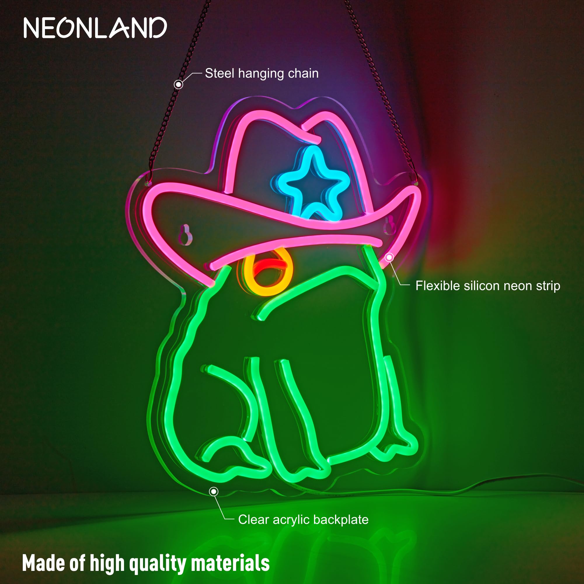 NEONLAND Cowboy Toad Neon Sign - Frog LED Light Art, Dimmable, 13.8 x 12.6 inch, Frog Green, Model NLANDANIMAL