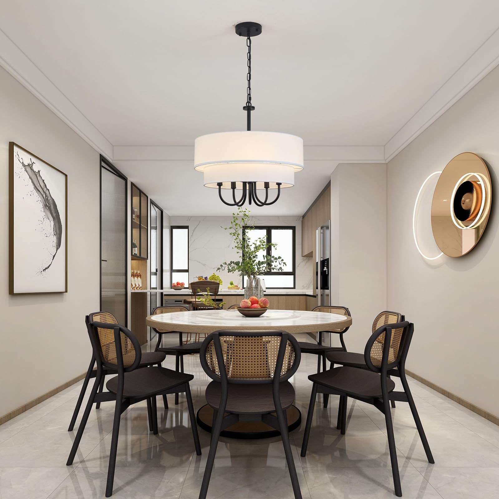 Drum Chandelier With Shades 5 Light 2-Layer Fabric 18    Modern Black Chandelier Farmhouse Chandeliers For Dining Room Round Lar