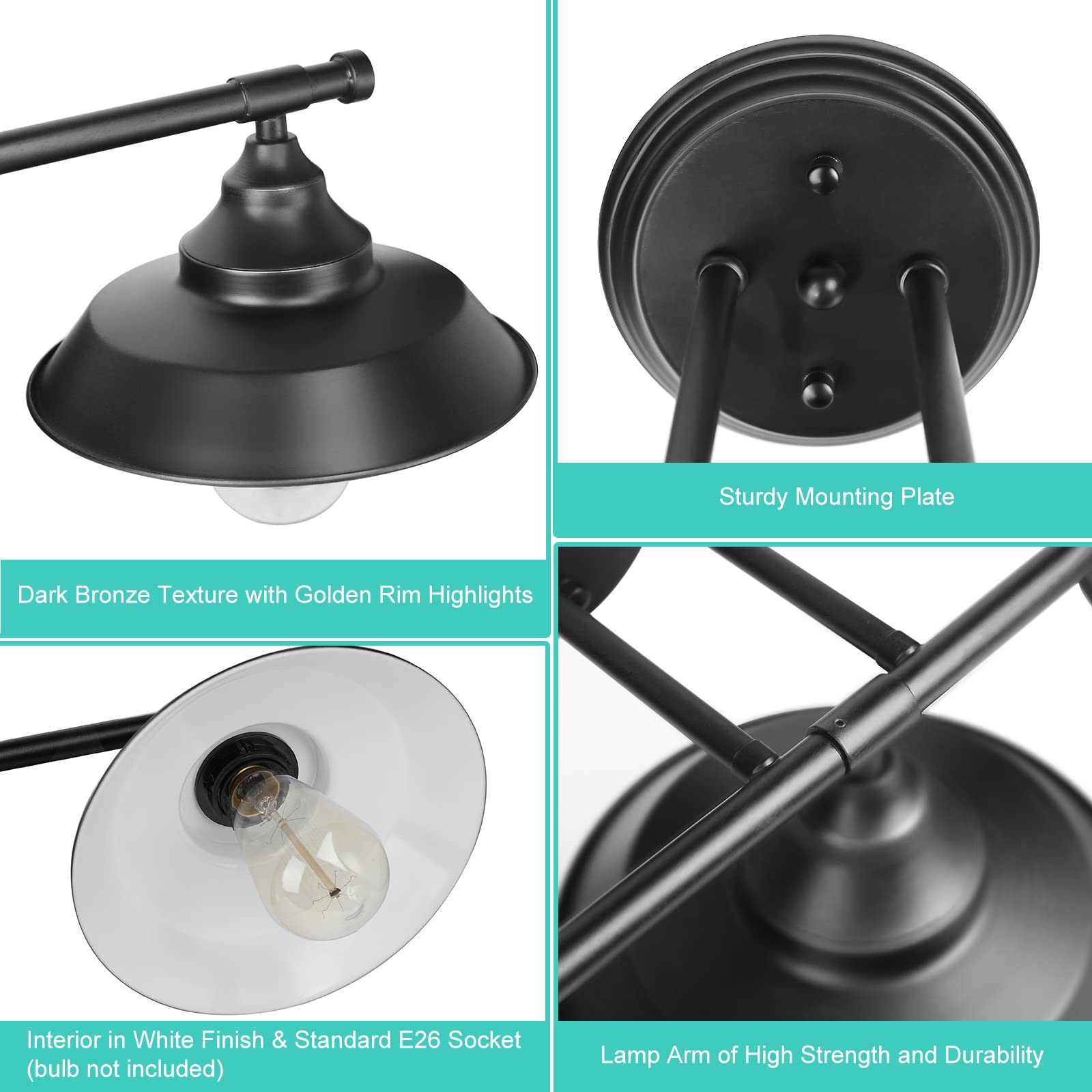 BesLowe 3-Light Wall Sconce, Industrial Rustic Metal Vanity Light Fixture, Black, Model W2561-03-BK