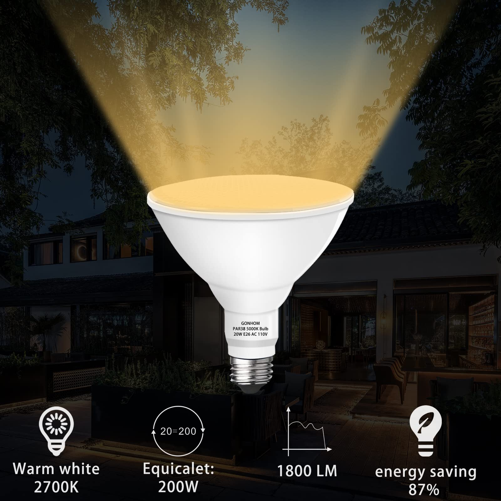Gonhom Par38 LED Flood Light Bulb 2 Pack, 20W Equivalent, Soft White 2700K, E26 Base, 1800LM for Outdoor Use