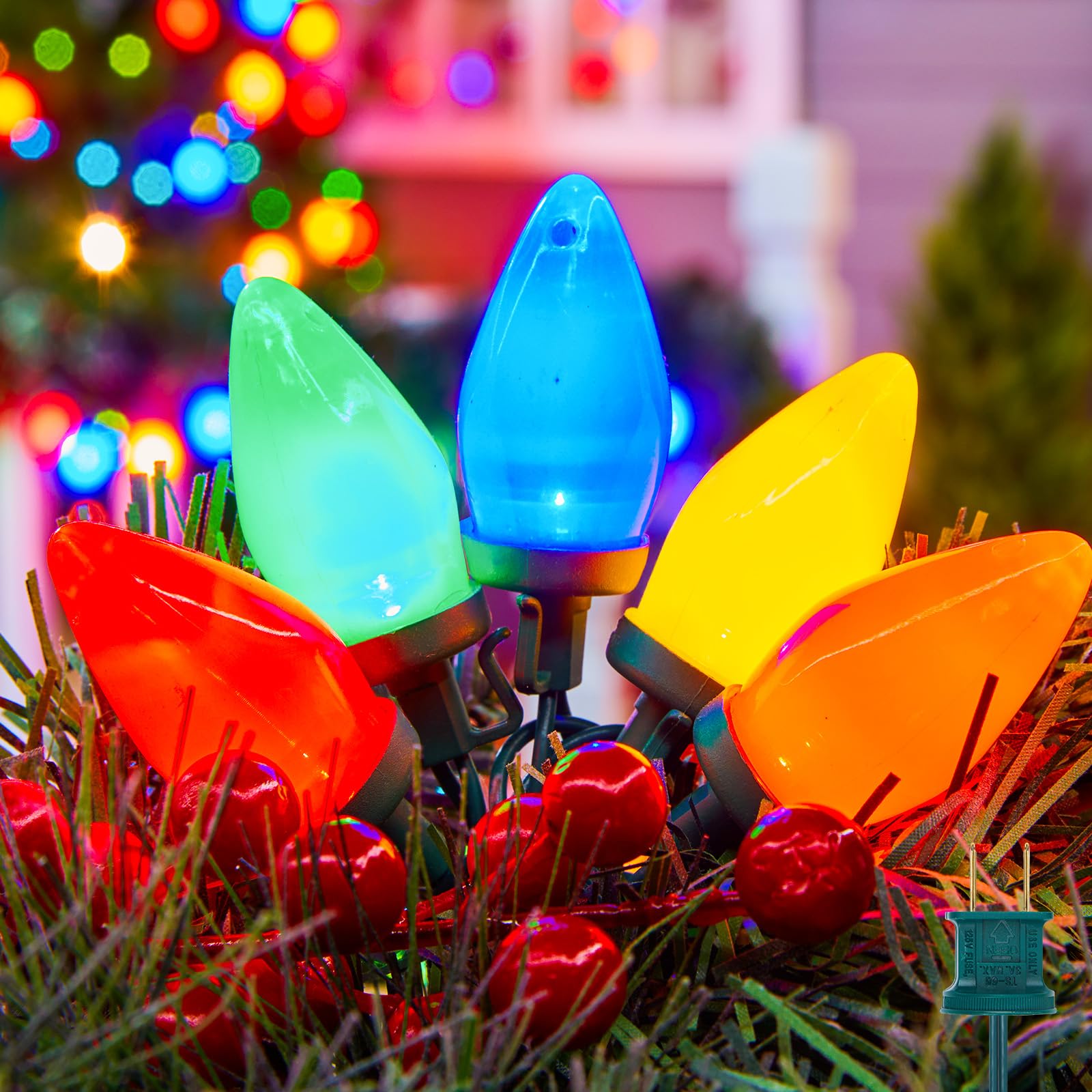 Brightown C9 LED Christmas String Lights, 66ft Multi-Color Outdoor Lights String with 100 Smooth Opaque Bulbs, Plug-in Vintage R