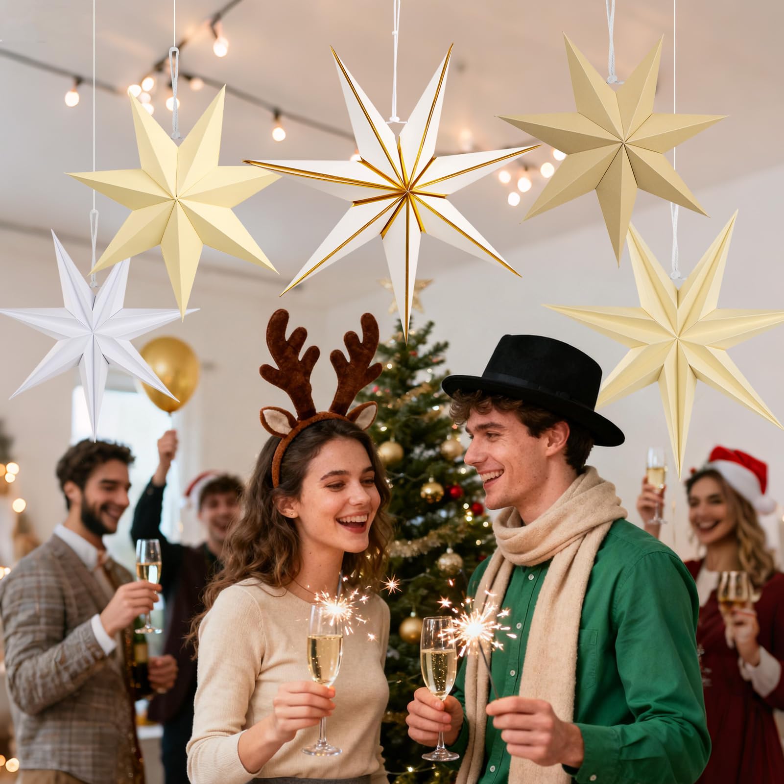 Paper Jazz 5 Pcs Paper Star Lanterns Party Decorations Paper Stars Christmas Hanging With Beige Brown Moravian Star Boho Vintage Christmas Ornaments For Xmas Tree Wall Ceiling Decoration.