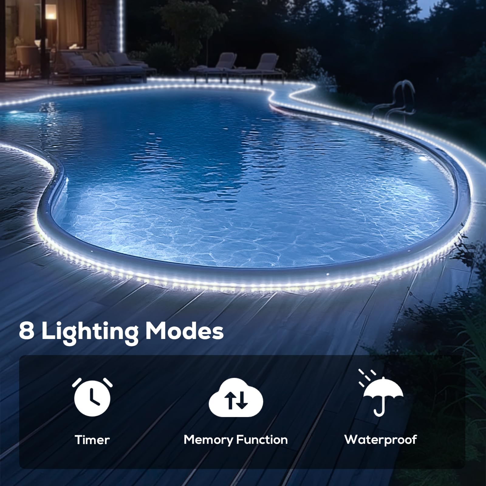 Soiarllt LED Waterproof Rope Lights, 50FT, Cool White, 8 Modes, 4 Brightness, Indoor/Outdoor Decoration, Model SLSL012-1