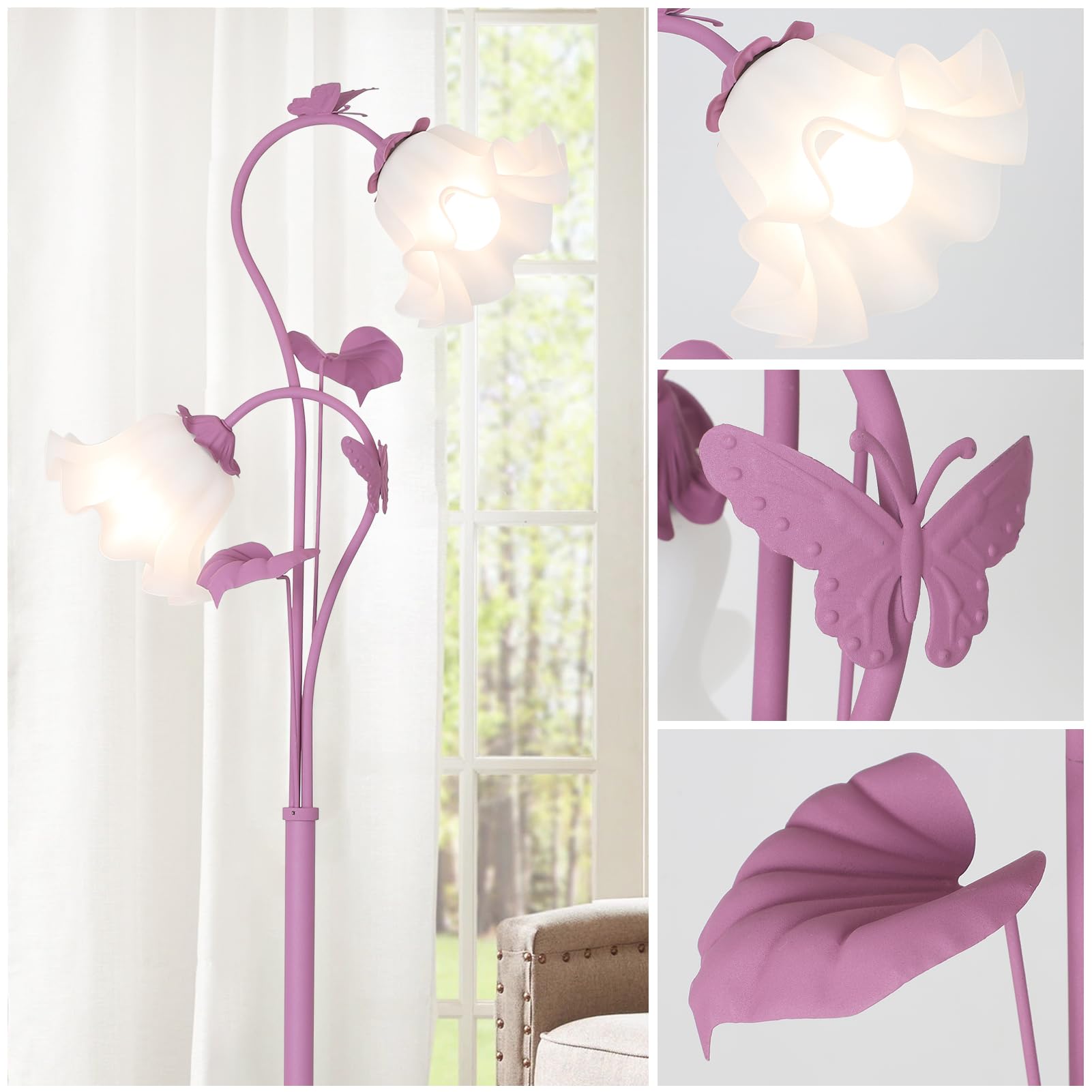 HMVPL Purple Floral Floor Lamp - Cute Lotus Design with 2 LED Bulbs, Foot Switch, Ideal for Bedroom or Nursery, Model 240601D1