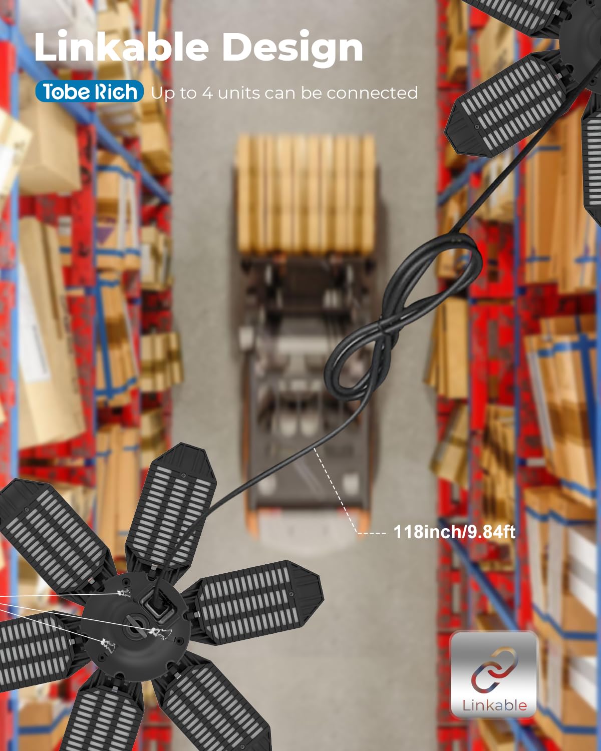 toberich LED Garage Lights 200W 20000LM, 4 Pack Linkable Shop Light, 6500K Ceiling Light, Black, Model MJDZ0004