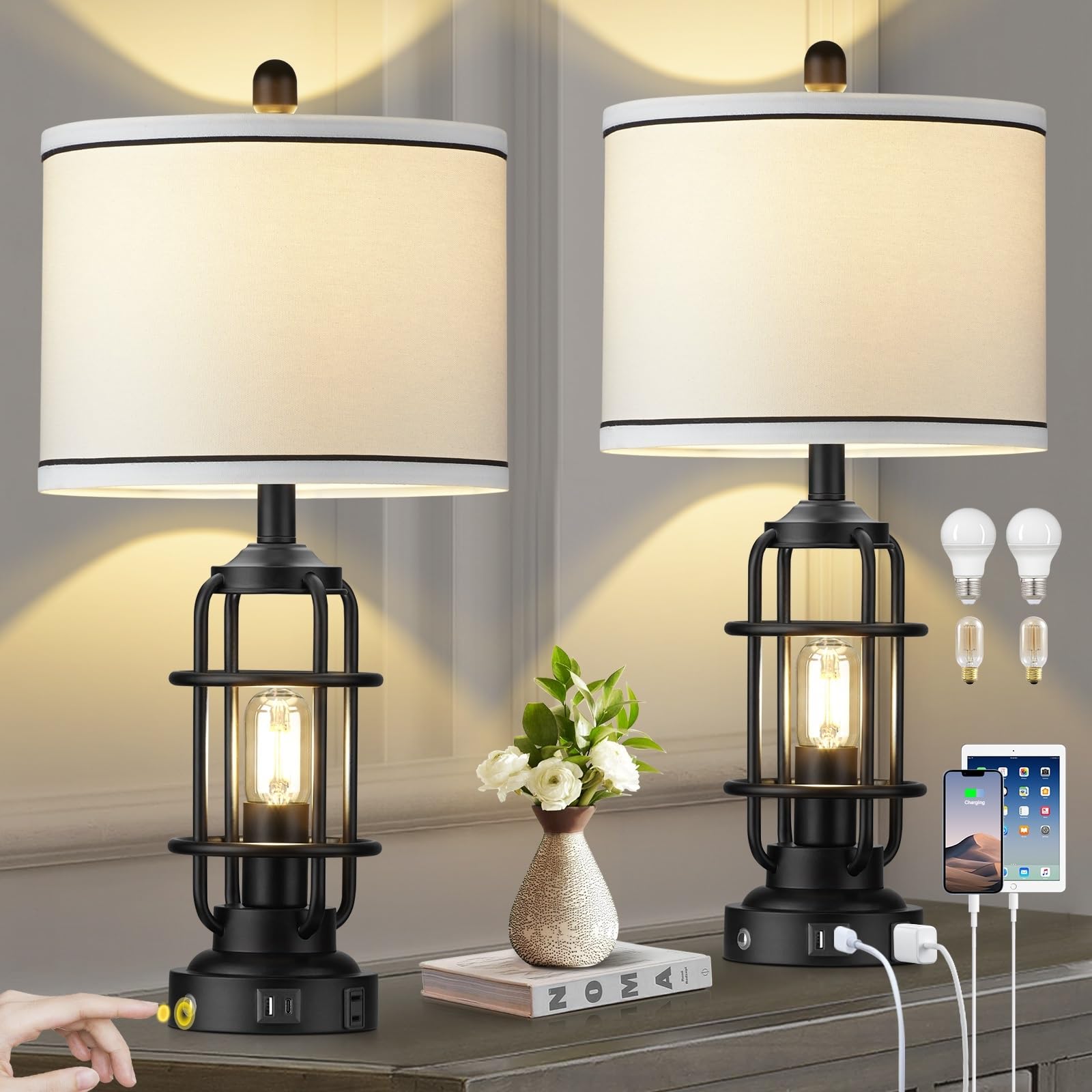 Modern Table Lamps, Industrial 3-Way Dimmable Bedside Lamp with USB A+C Ports & AC Outlet, Touch Control Rustic Nightstand Lamp LED Night Light for Living Room Bedroom Decor Home(4 Bulbs Included)
