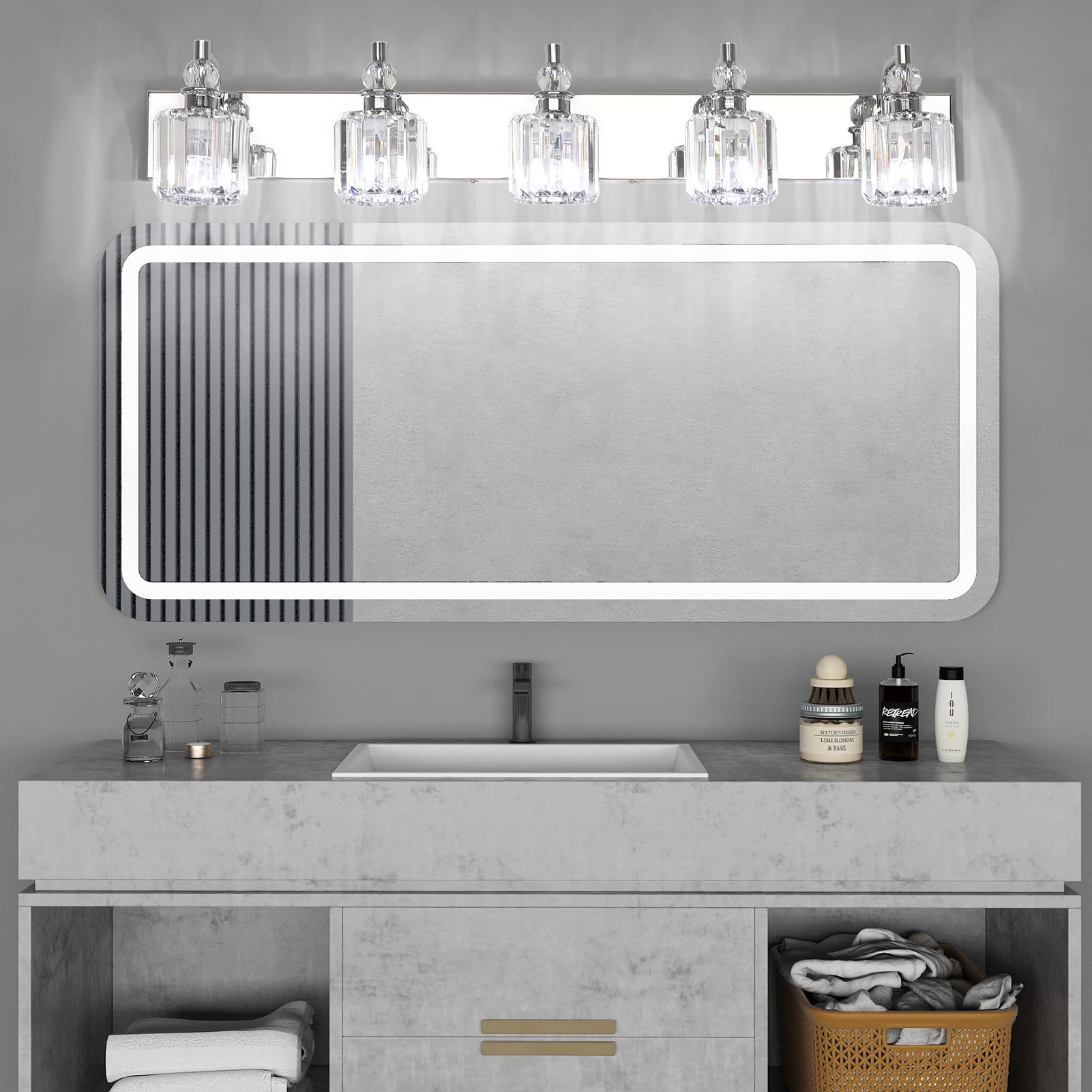 Ralbay 40" Modern Crystal Vanity Light 5 Bulbs Chrome Bathroom Fixture Over Mirror