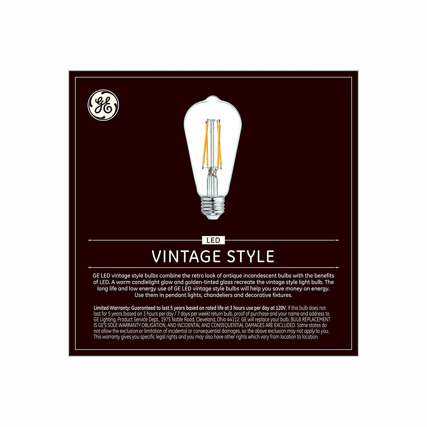 GE Vintage Edison LED Light Bulbs, 6W (60W Equivalent), Dimmable, Clear Glass, 2 Count, Model 36566