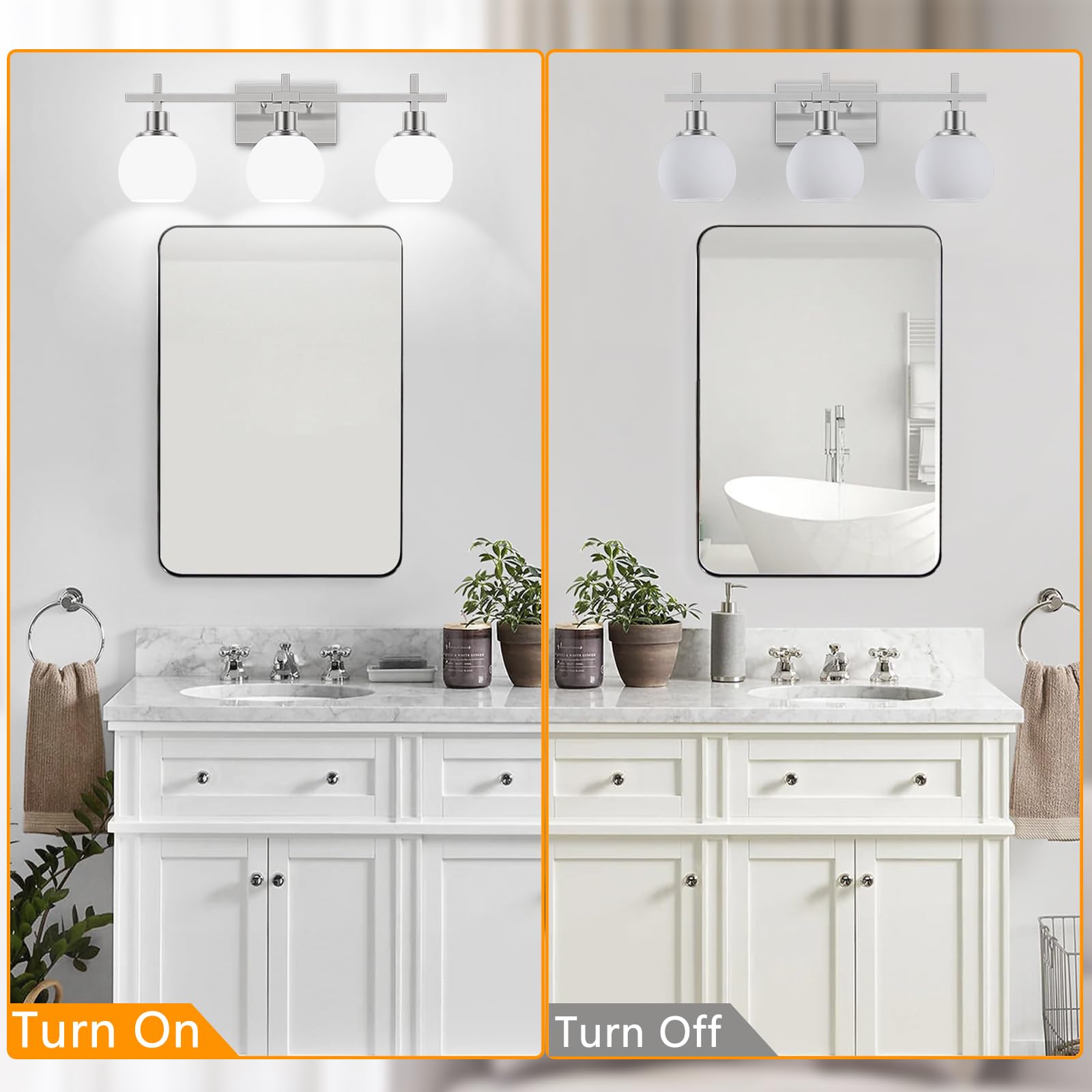 Dpyrrhic 3-Light Bathroom Vanity Lighting Fixtures, Brushed Nickel, Metal, JD-191, Milky White Glass Lampshade