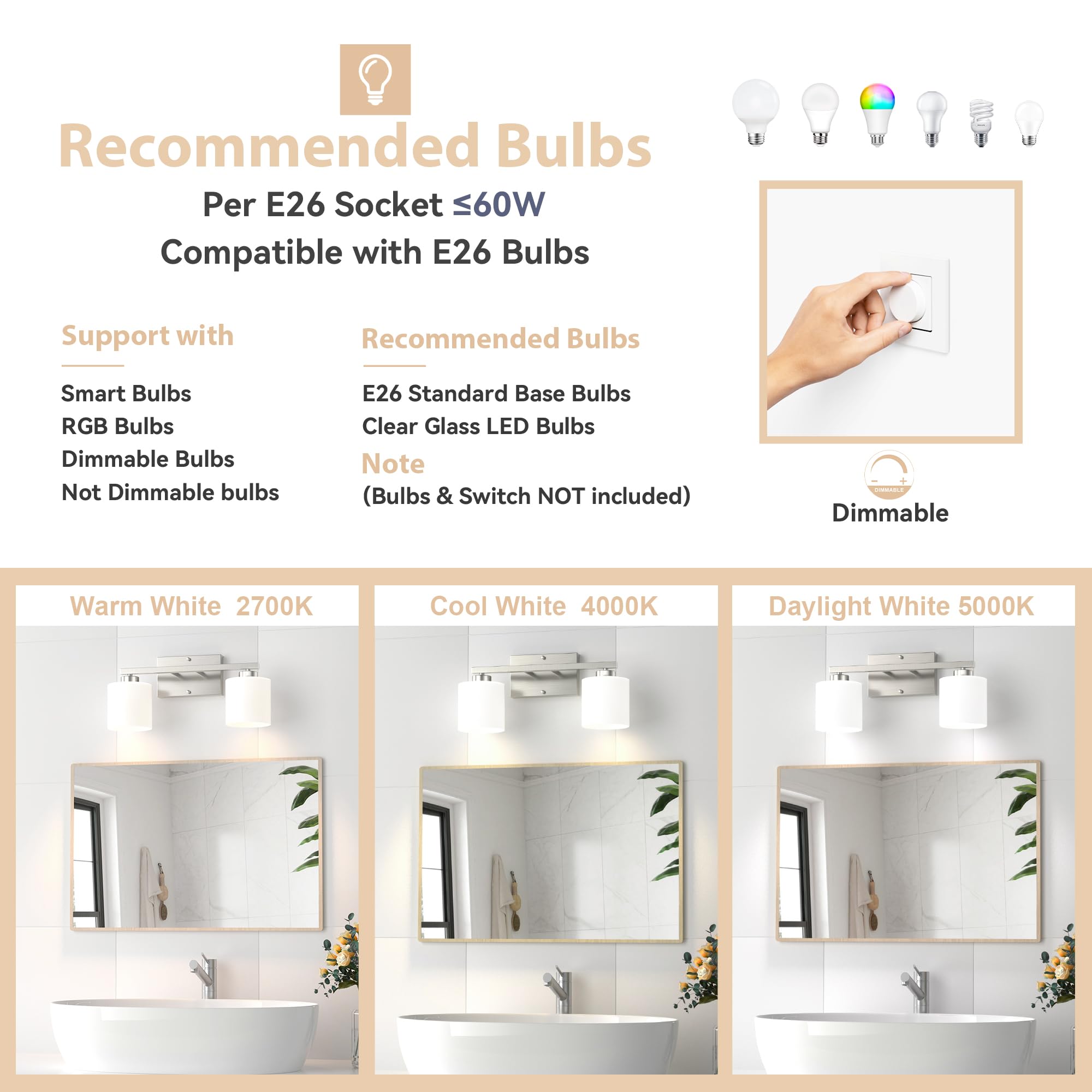 Honesorn Bathroom Vanity Light, 2-Light Brushed Nickel, Modern Design, Frosted Shade, Wall Mounted, Model TK-JQD-MS-YS-2