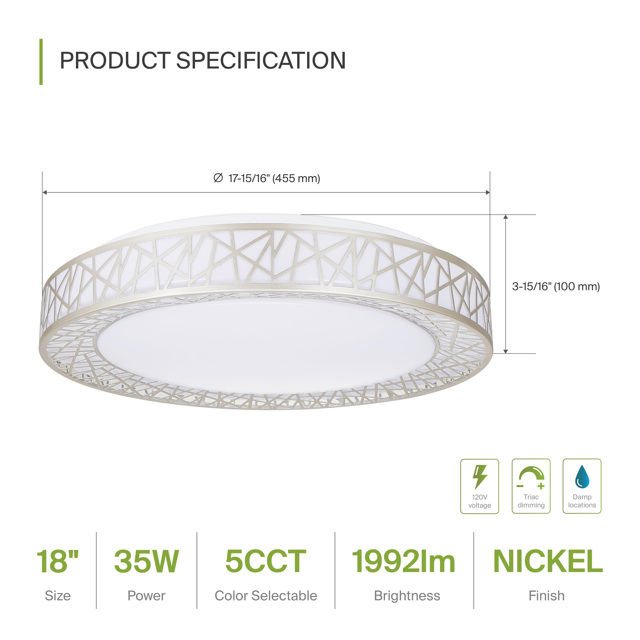 ASD LED Flush Mount Ceiling Light 35W 1992LM Dimmable 18in Brushed Nickel 2 Pack