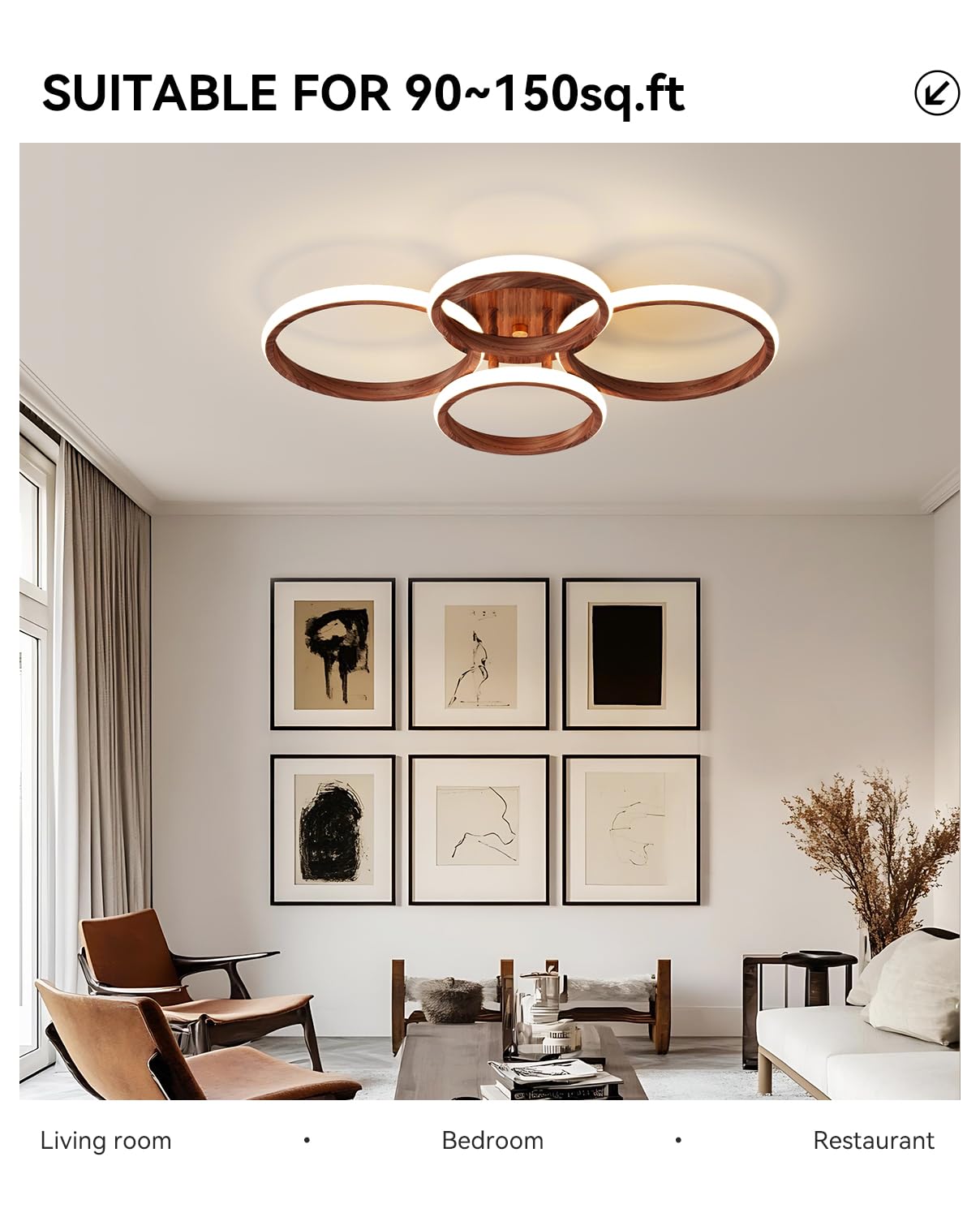 Miss Lighting Dimmable LED Semi Flush Mount Light Fixture 3-Color Dimming 4 Ring Wood Model MT05