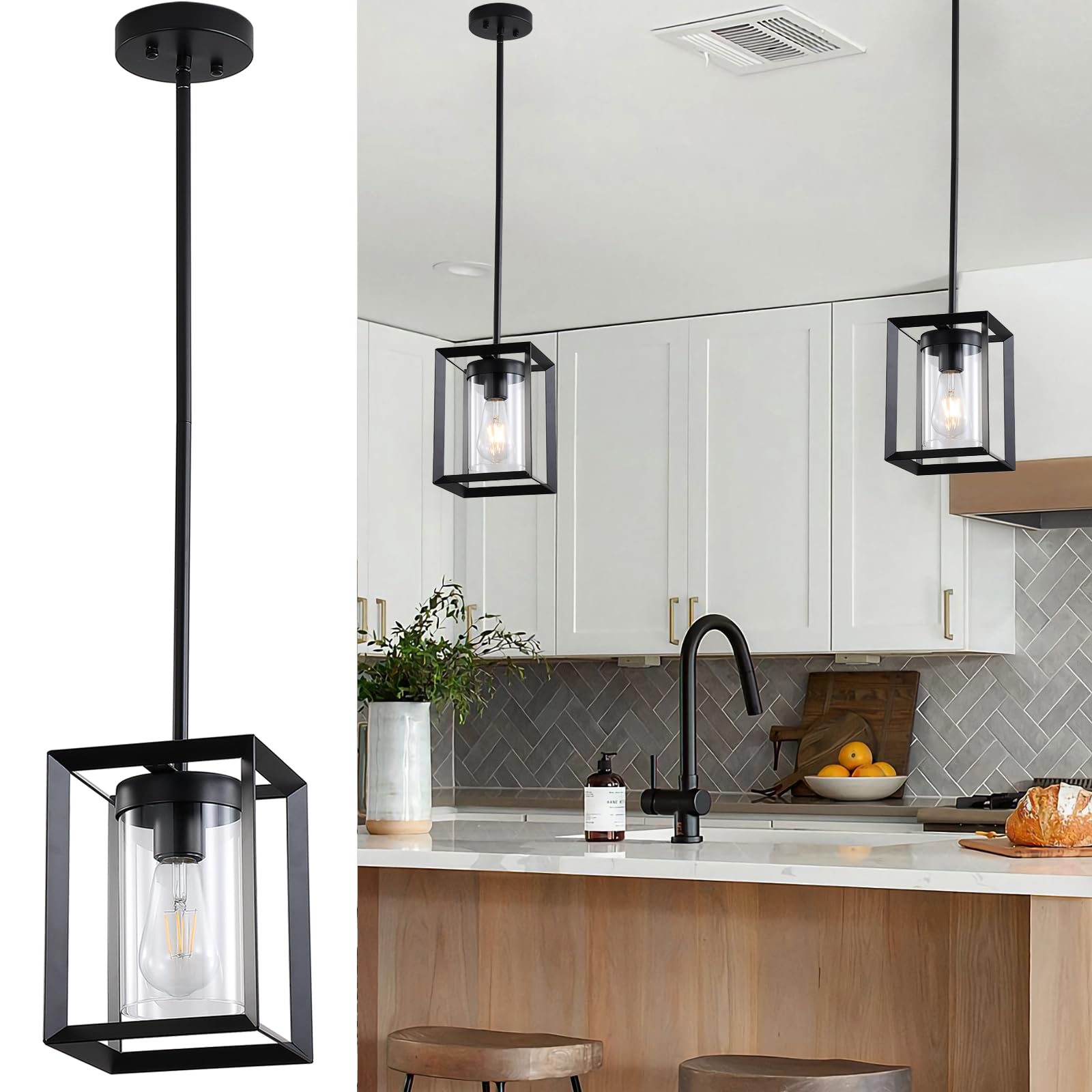 Sheenkarion 2 Pack Farmhouse Black Kitchen Island Pendant Light,Modern Hanging Pendant Light Fixtures with Metal Cage and Clear 