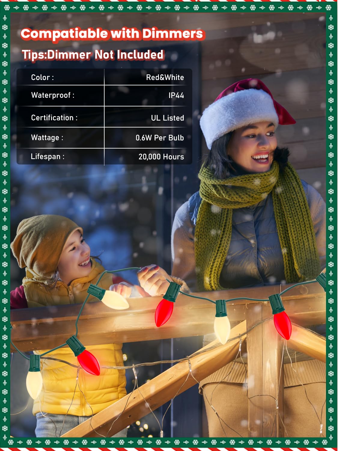C9 Led Christmas Lights Outdoor, 25Ft Vintage Christmas Lights With 26 Led Red White Plastic Lights(1 Spare), Colored Christmas