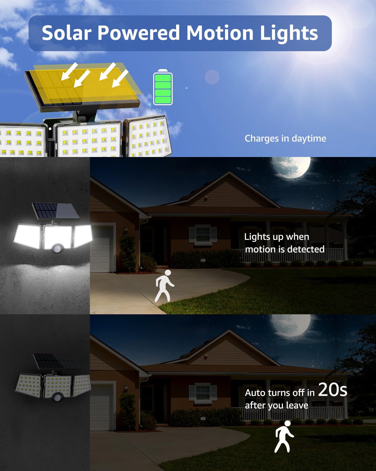 Lepro Solar Lights Outdoor with Motion Sensor, 3 Adjustable Heads, IP65 Waterproof, Black, Model 640003-DW